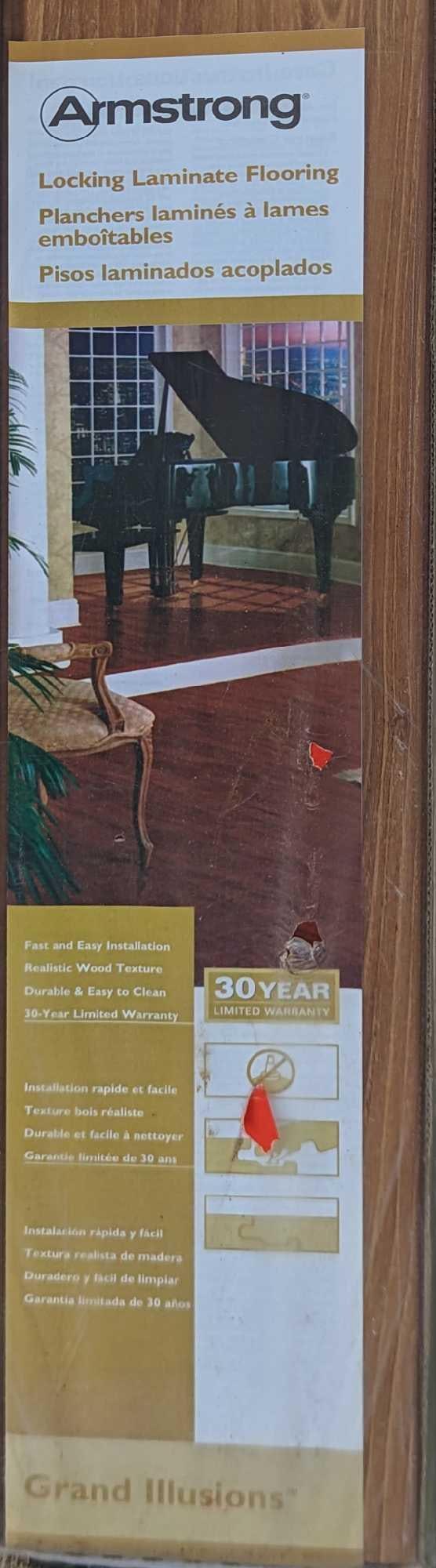 Armstrong Locking Laminate Flooring Grand Illusions: Armstrong Locking Laminate Flooring Grand Illusions. 1 box = 13.05 sq. ft. Please see the images for the laminate style. Comes in its original box which is approx 5 1/2" x 3 3/4" x 48" and it