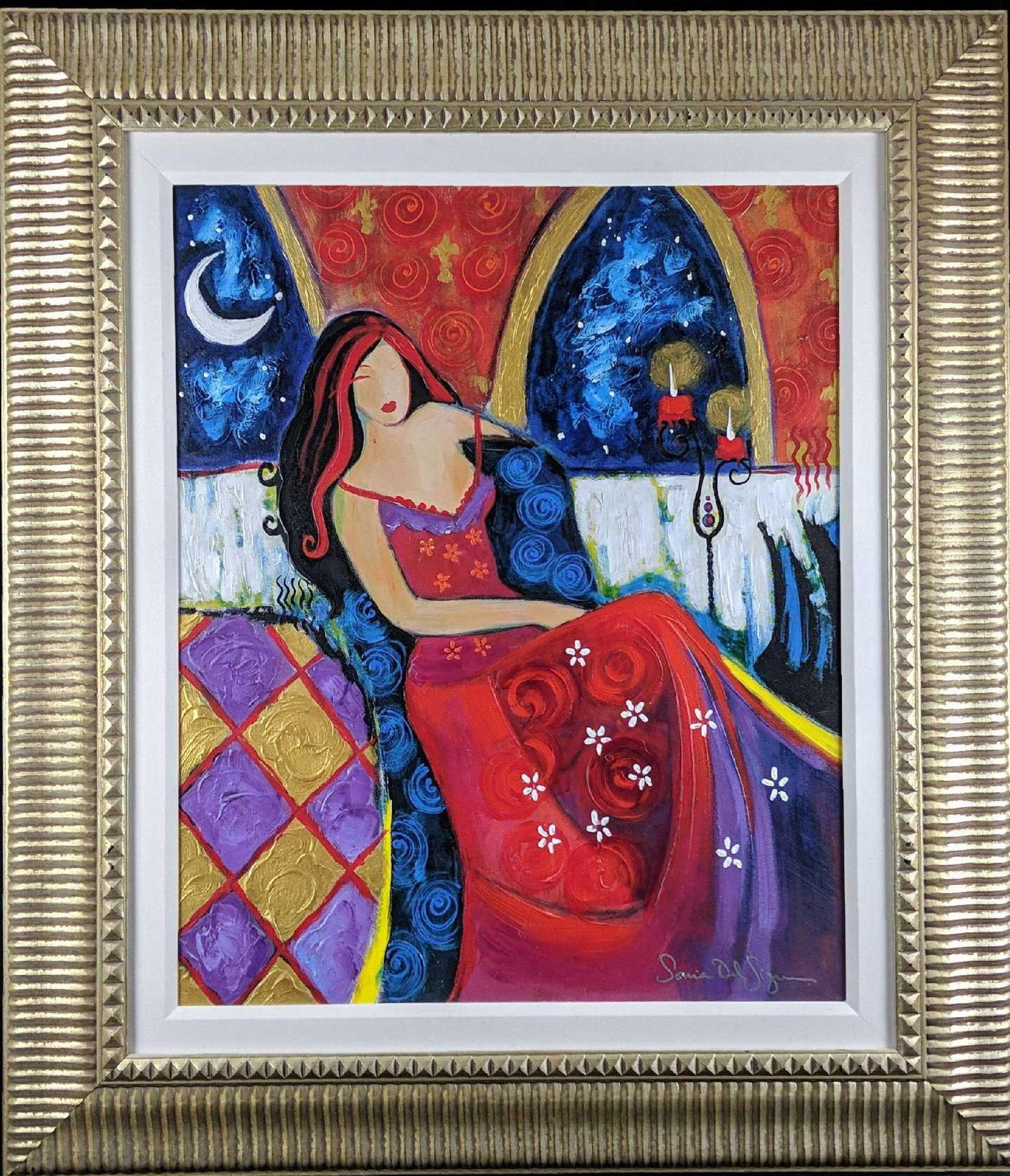 Sonia Del Signore Lady In Red Embellished Print W3: Sonia Del Signore Framed Lady In Red Limited Edition Embellished Print. This one is #76 out of #240. Artist hand-signed the front and numbered the back of the canvas. The framed print is approx 39