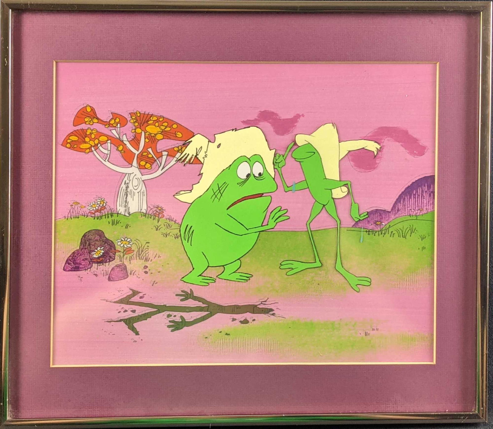Framed Tijuana Toads Texas Toads Promotional Cel: An original hand-painted promotional cel of Toro and Pancho of Tijuana Toads (Or Fatso and Banjo for the Texas Toads). DePatie-Freleng made 17 theatrical cartoons in the years between 1969-1972; the