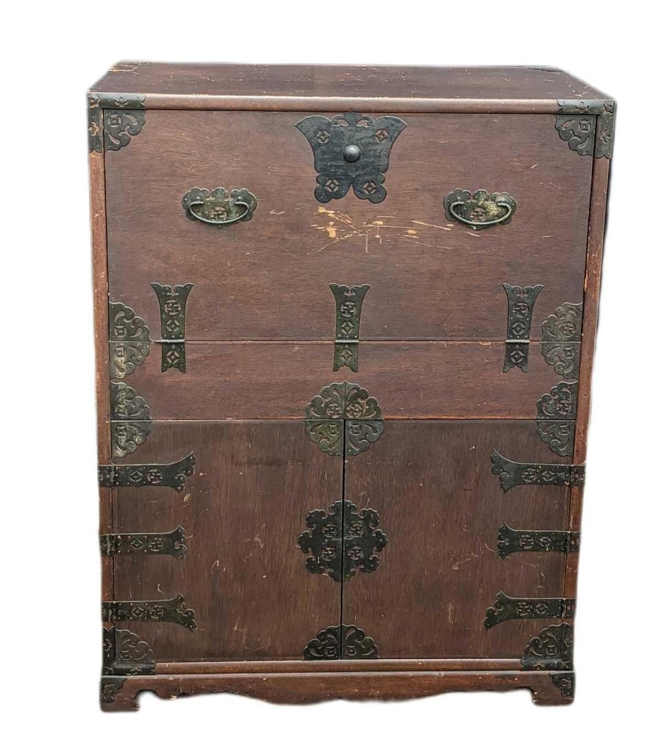 Vintage Wooden Korean Two Section Storage Chest: Vintage Wooden Korean Two Section Storage Chest. Was purchased by the previous owner during the 1970s. Is 35" x 18" x 45" and it weighs 69lbs. Is in a good, vintage condition with wear and