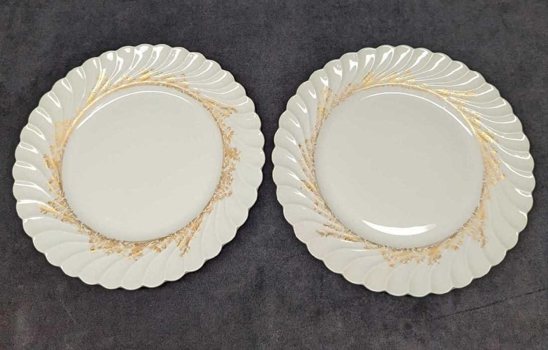 Retired Haviland Ladore 2 Dinner Plates: Retired Haviland Ladore 2 Dinner Plates. This Gold on White series of fine china was released in 1962 - 1988. The dinner plates are approx 10" x 10" x 1 1/8" and together they weigh 2.53lbs. The