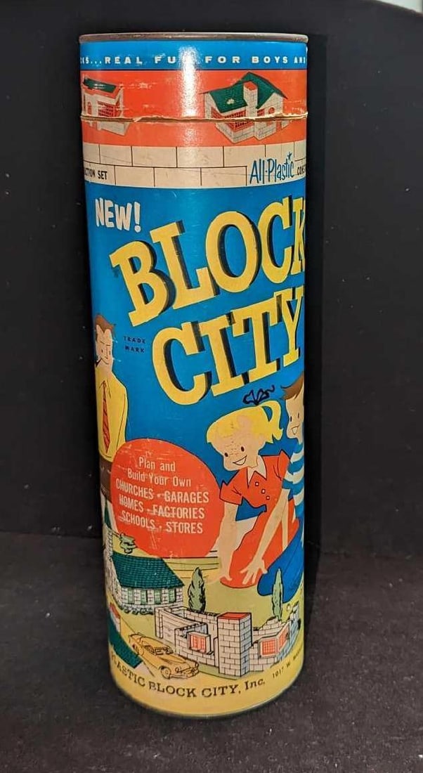 Vintage Block City Miamian Plastic Construction Set: Vintage Block City Miamian Plastic Construction Set. Comes in its original package that is approx 4" x 4" x 12 1/2" and it weighs 0.90lb. Comes with all the bricks seen in the images. Some of the