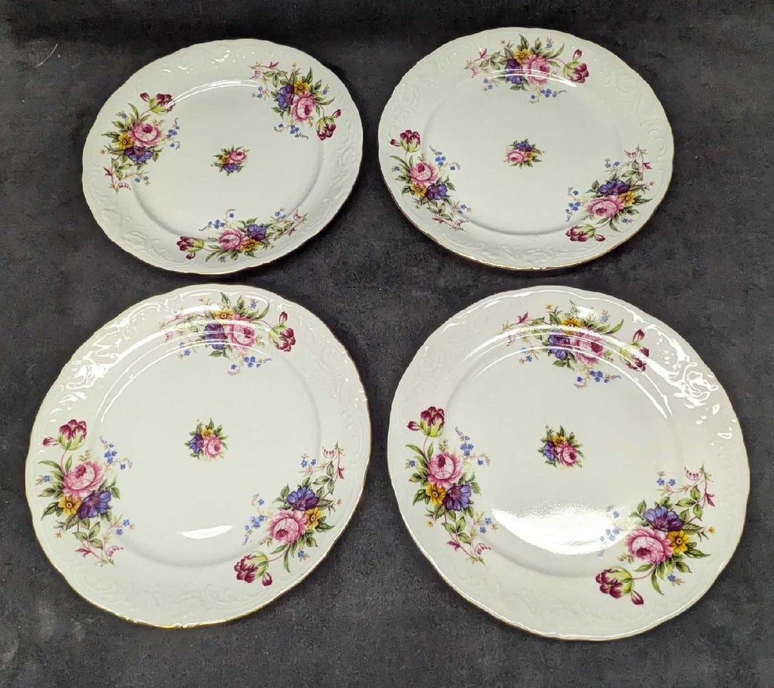4 Royal Kent RKT6 Floral Pattern Dinner Plates C: 4 Royal Kent RKT6 Floral Pattern Dinner Plates C. Each fine china plate is approx 10" x 10" x 1 1/4" and the total weight is 5.13lbs. The plates have no chips or cracks. There are some light