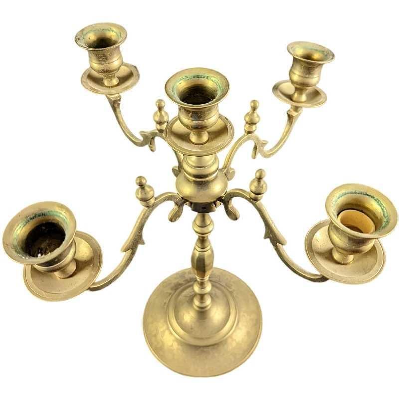 JB Vintage Brass 5 Candlestick Candelabra: The Candelabra is approx 10" x 10" x 14 1/2" and it weighs 4.07lbs. The Candelabra is in a good, vintage condition with some surface tarnish, candle residue, and scratches. Please see the images as th