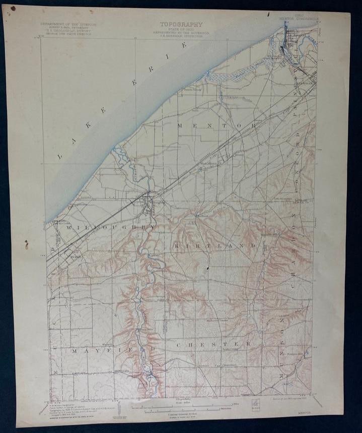 1922 USGS Topographic Map of Ohio: 1922 USGS Topographic Map of Ohio Printed in 1922, based on a survey done in the 1900s of the Mentor Quadrangle in Ohio. Map is in good condition with some very small tears around the edges, very ligh