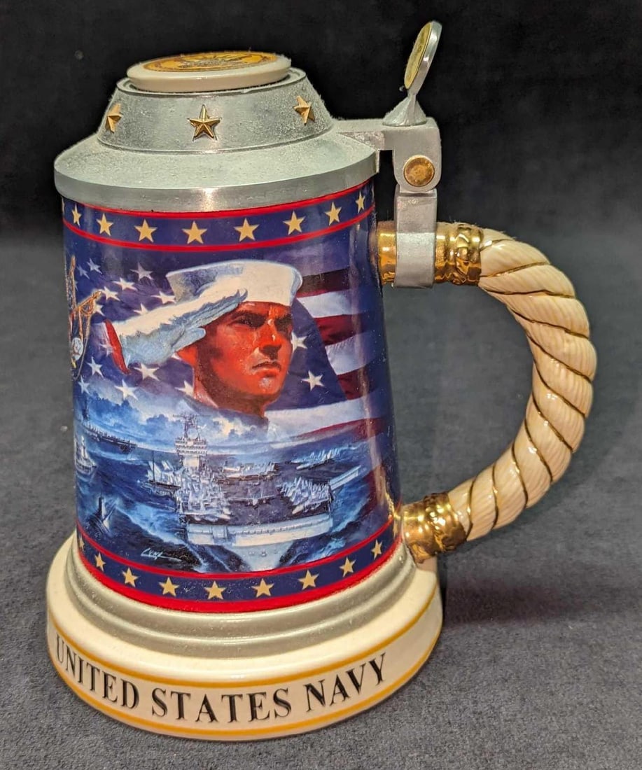 LE Bradford Exchange Strength And Honor Navy Stein: LE Bradford Exchange Strength And Honor Navy Stein. This was released in 2013. This is #405 out of #10,000. This ceramic lidded stein is approx 6" x 5" x 7 1/4" and it weighs 2.20lbs. The stein has so