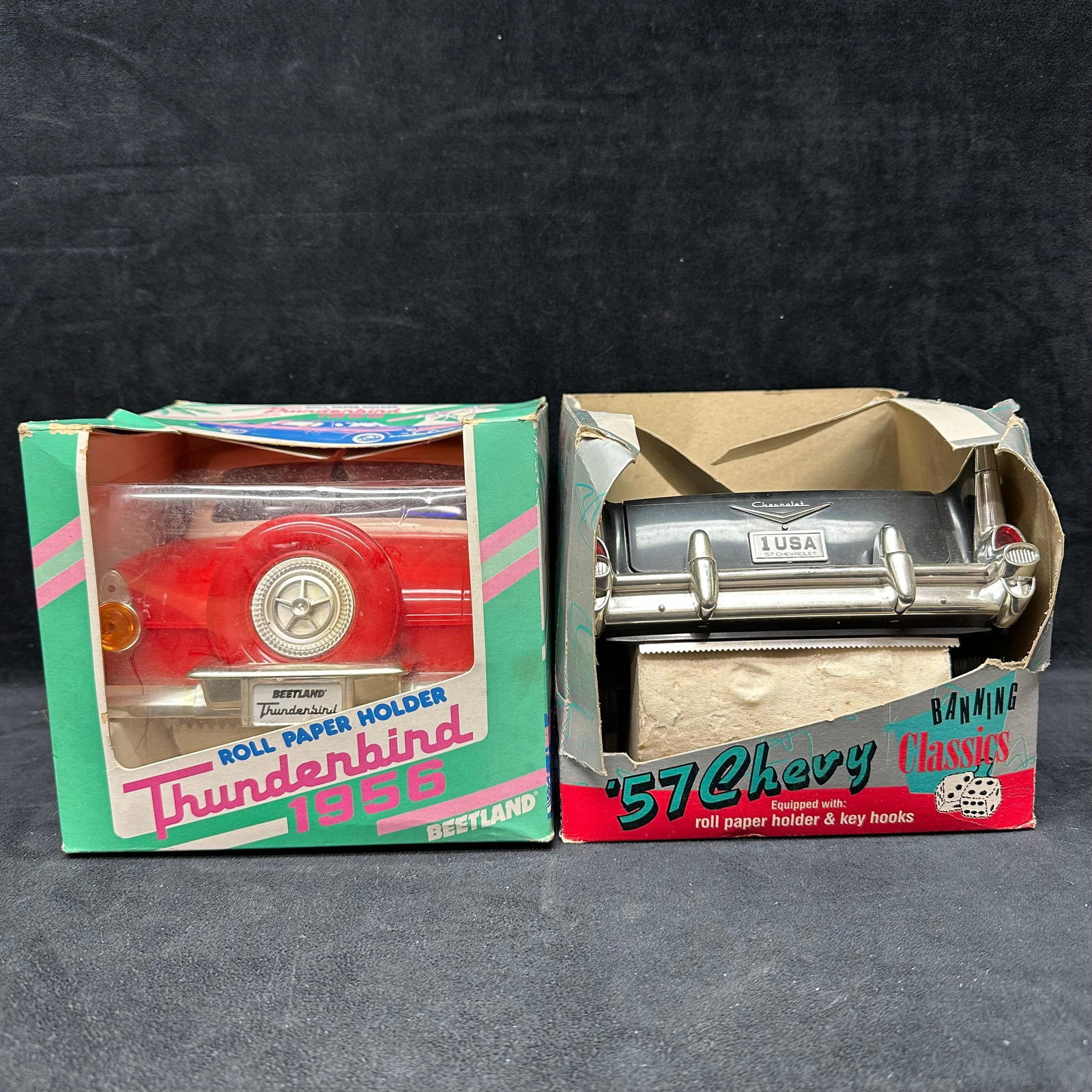 Vintage Beetland Thunderbird 1956 and 57 Chevy Bathroom Roll Paper Holder Lot: Two vintage novelty automobile-themed toilet paper holders. Bathroom accessories designed to mount on a wall, styled after classic American cars. Beetland Thunderbird 1956 Roll Paper Holder Red plasti