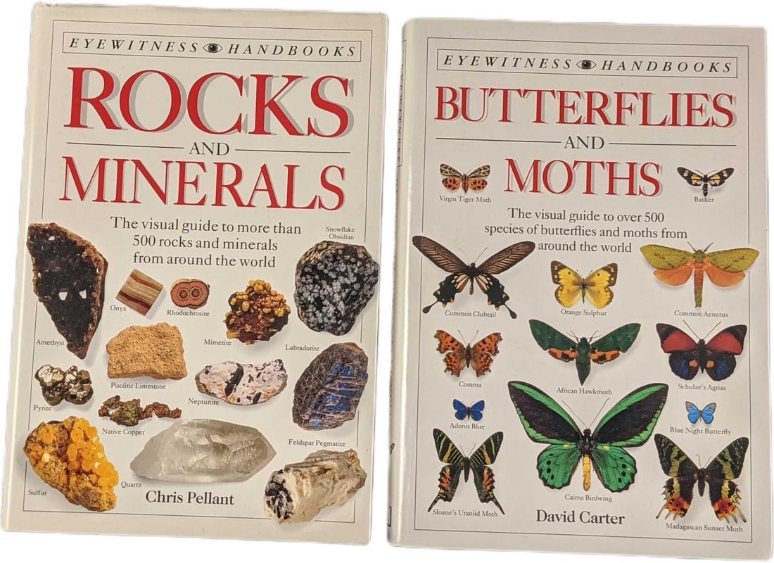 Eyewitness Handbooks Butterflies & Moths & Rocks &: This lot includes: (1) Rocks & Minerals: The Visual Guide To More Than 500 Rocks And Minerals From Around The World By Chris Pellant. Was published by Dorling Kindersley Inc (New York) in 1992. Th