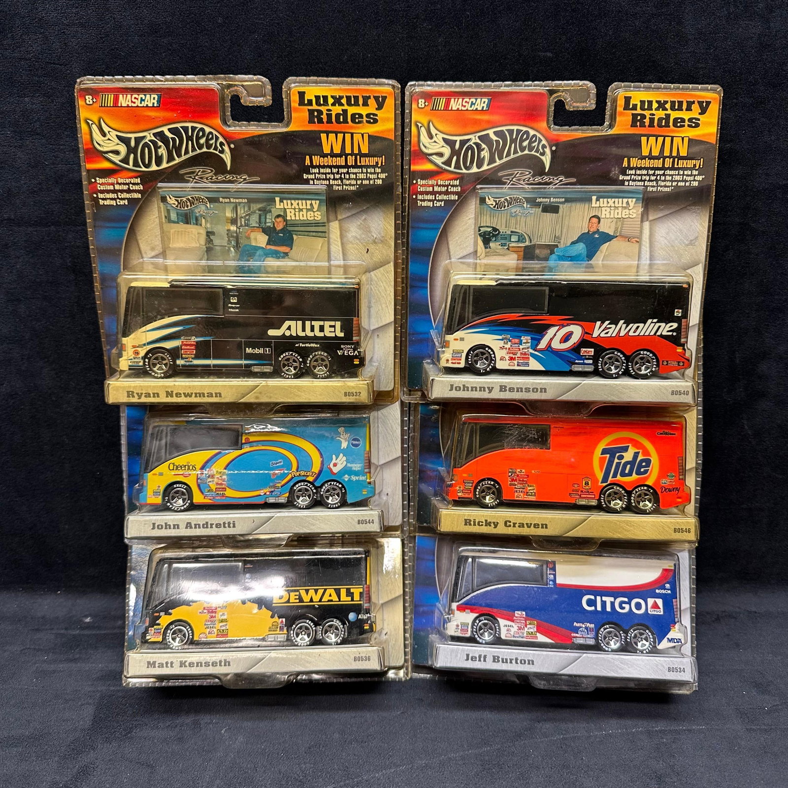 Six Hot Wheels Racing NASCAR Luxury Rides Hauler Lot Andretti: Group of six Hot Wheels Racing NASCAR Luxury Rides hauler die-cast vehicles, each factory sealed on original cards. Includes drivers Ryan Newman (Alltel), Johnny Benson (Valvoline #10), Ricky Craven (