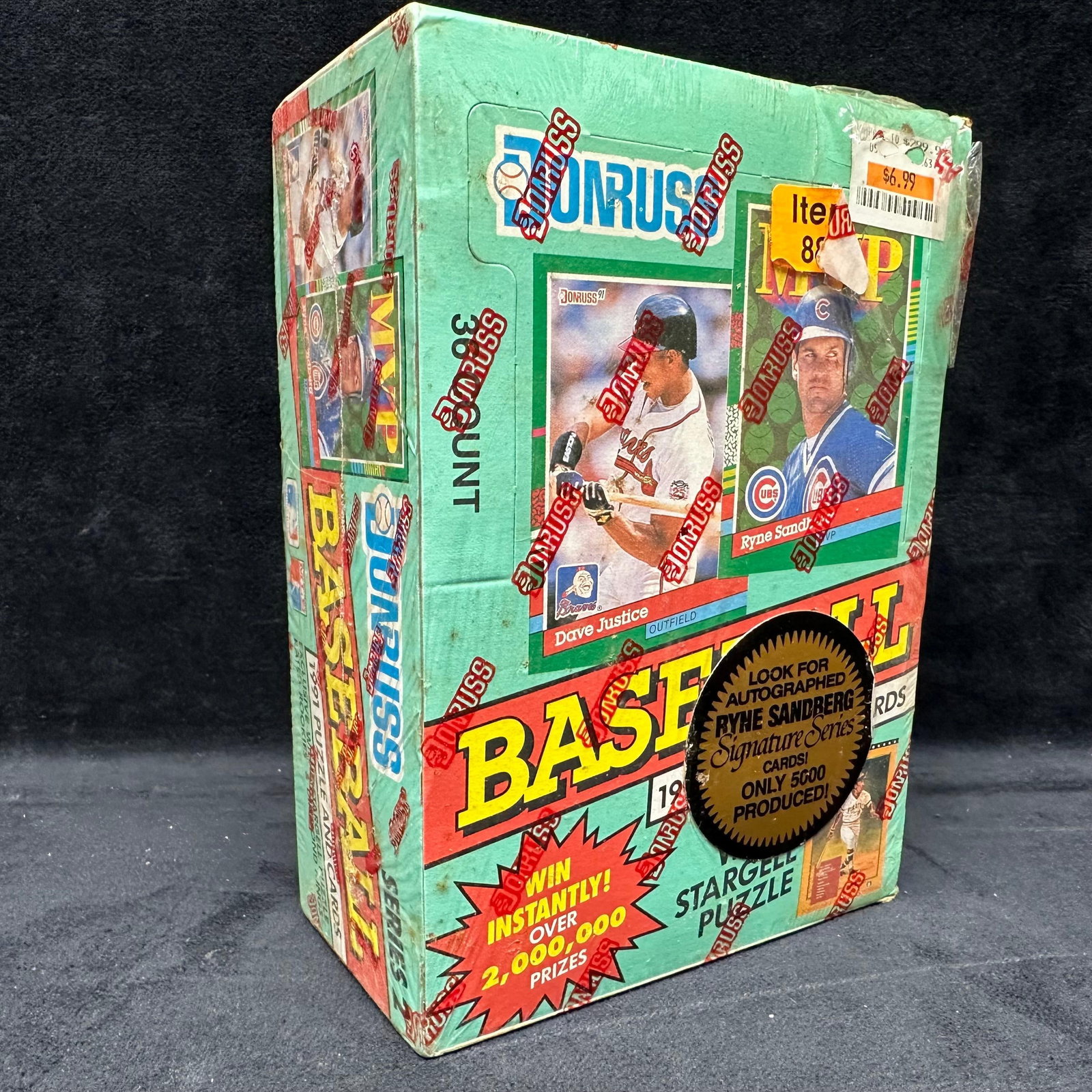 1991 Donruss Baseball Series 2 Puzzle Cards Sealed Box 36 Packs: 1991 Donruss Baseball Series 2 factory sealed wax box. Includes 36 packs with cards and Willie Stargell puzzle pieces. The box shows shelf wear, creasing, and retail sticker residue. The factory seal 