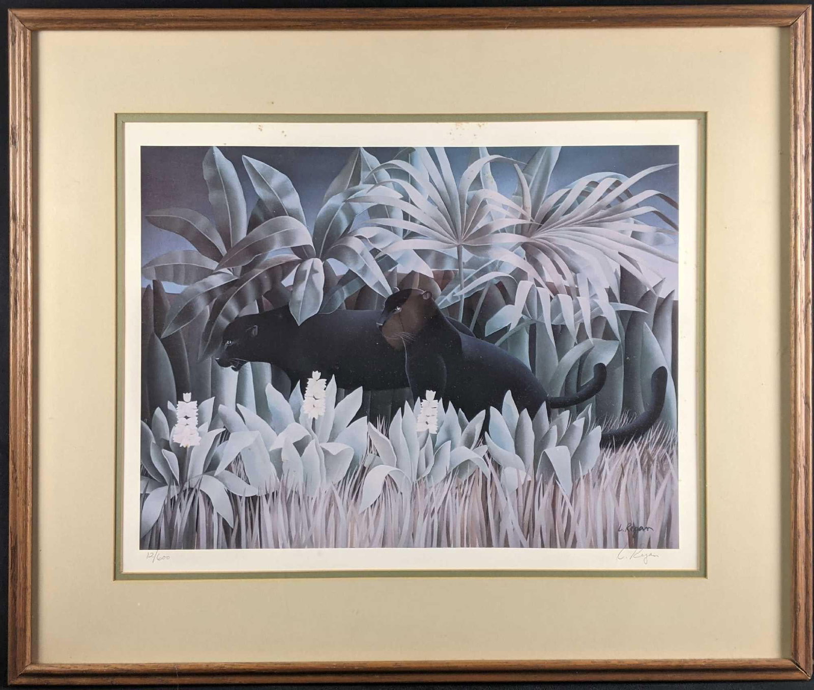 Lithograph Black Panther in Jungle Signed and Numbered: Lithograph Black Panther in Jungle Signed and Numbered This framed limited edition lithograph is by an artist named L. Regan. The print is signed and numbered by L. Regan. This is a beautiful work of 