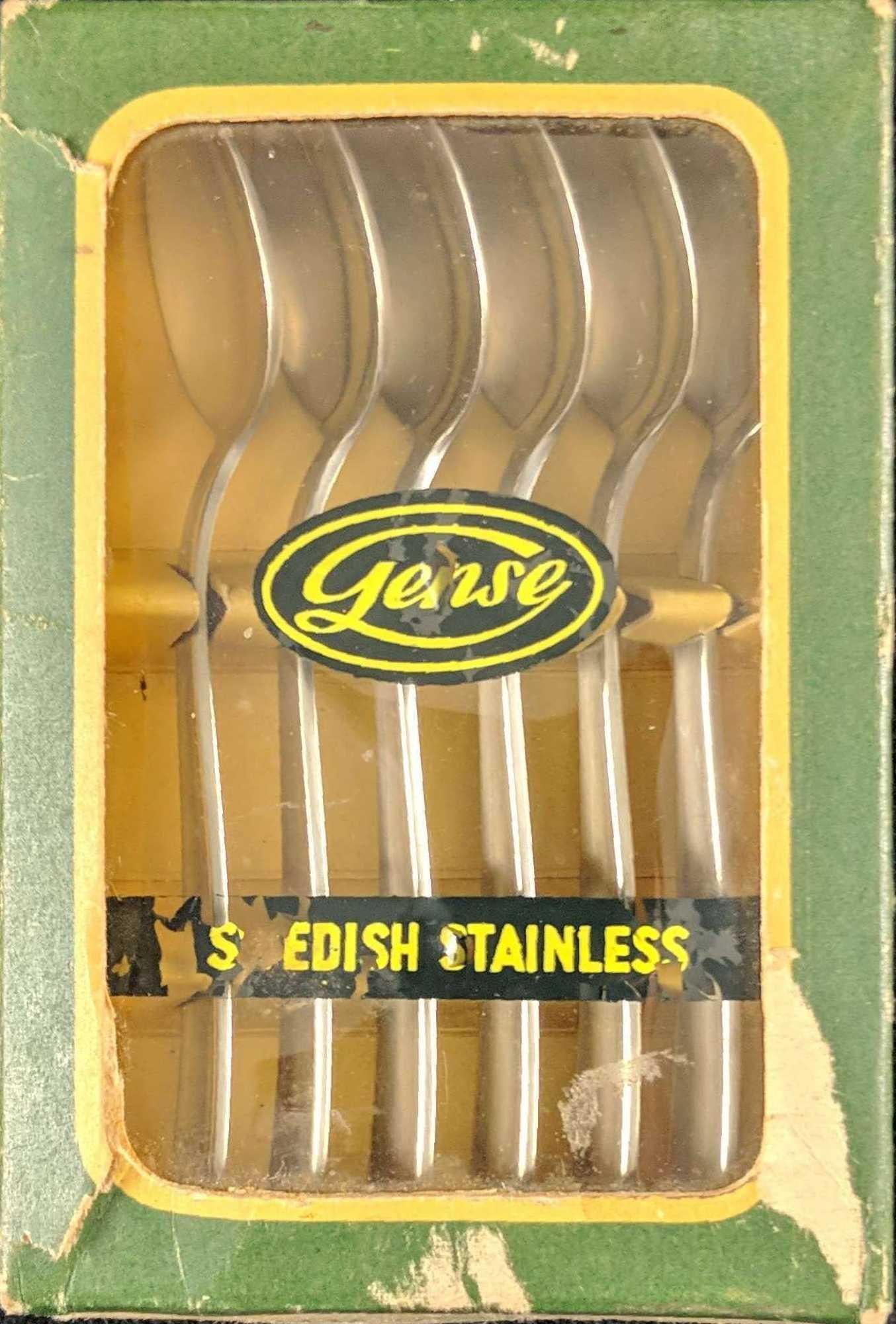 Six Vintage Gense Stainless Steel Demitasse Spoons: Six Vintage Gense Swedish Stainless Steel Demitasse Spoons In Their Original Box. Original box is approx 3" x 4" x 1". Forks are in good, vintage condition with some light wearing. Made in Sweden.