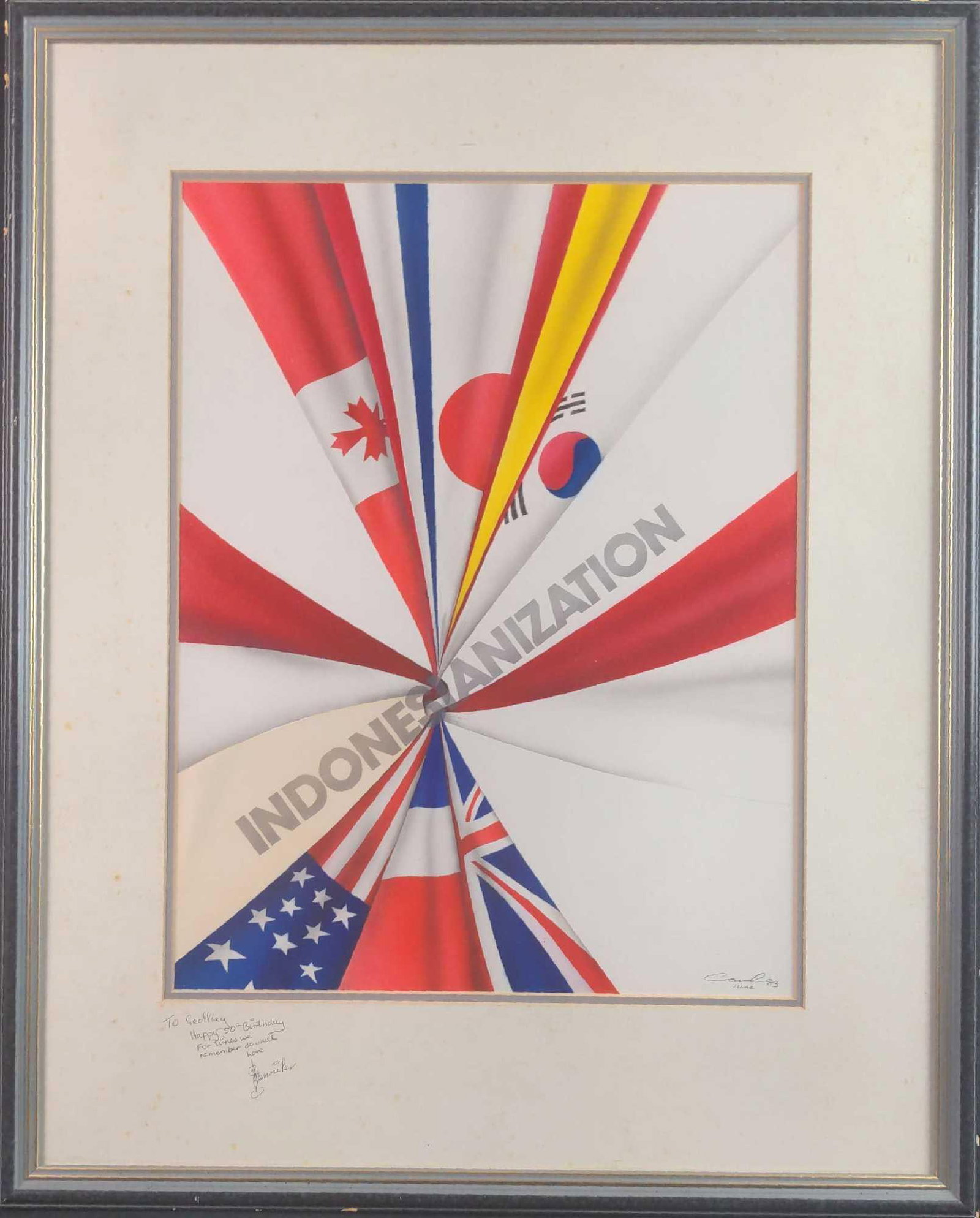 Original Air Brush For Book Cover By Carl Ferrao: Here is an original framed airbrush that was used for the published book, "Indoesianization". This was painted by an artist named Carl Ferrao and is signed on the bottom right. There is further i
