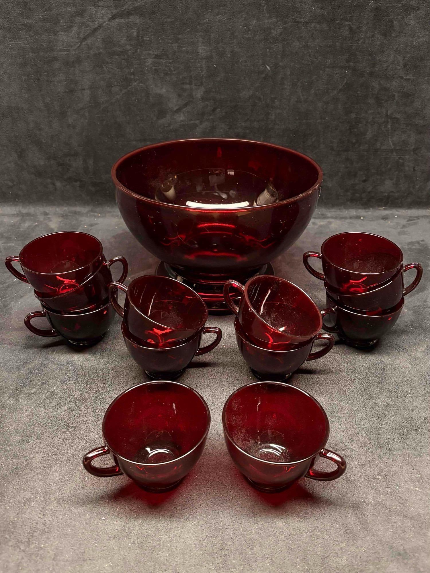 14pc Vintage Anchor Hocking Royal Ruby Glass Punch Bowl with Stand and Glass Teacups (1 of 7)