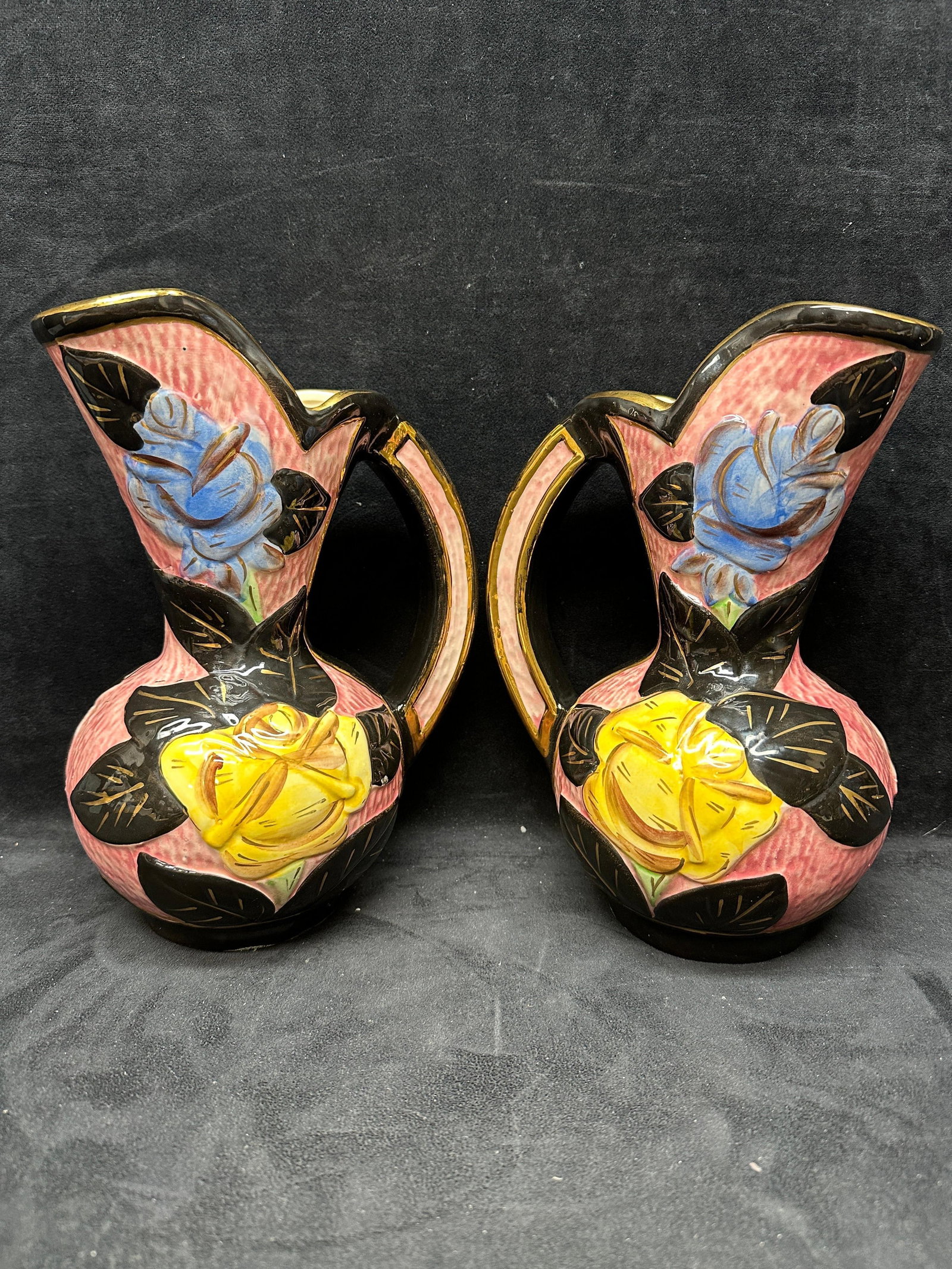 Pair Of Art Deco Style Floral Relief Pottery Pitchers (1 of 6)