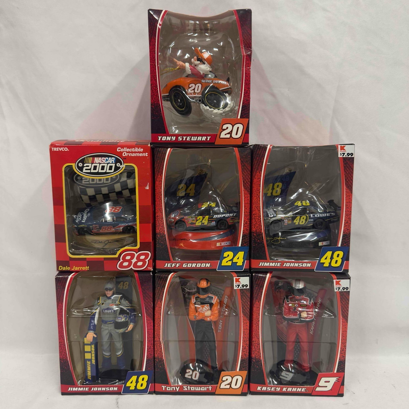 NASCAR Trevco Collectible Ornament Car Gordon Jarrett Stewart Johnson Set Lot of 7: NASCAR Trevco Collectible Ornament Car Gordon Jarrett Stewart Johnson Set Lot of 7. Each collectible is sealed new featuring seven NASCAR collectibles from the 2000's. Seven NASCAR holiday