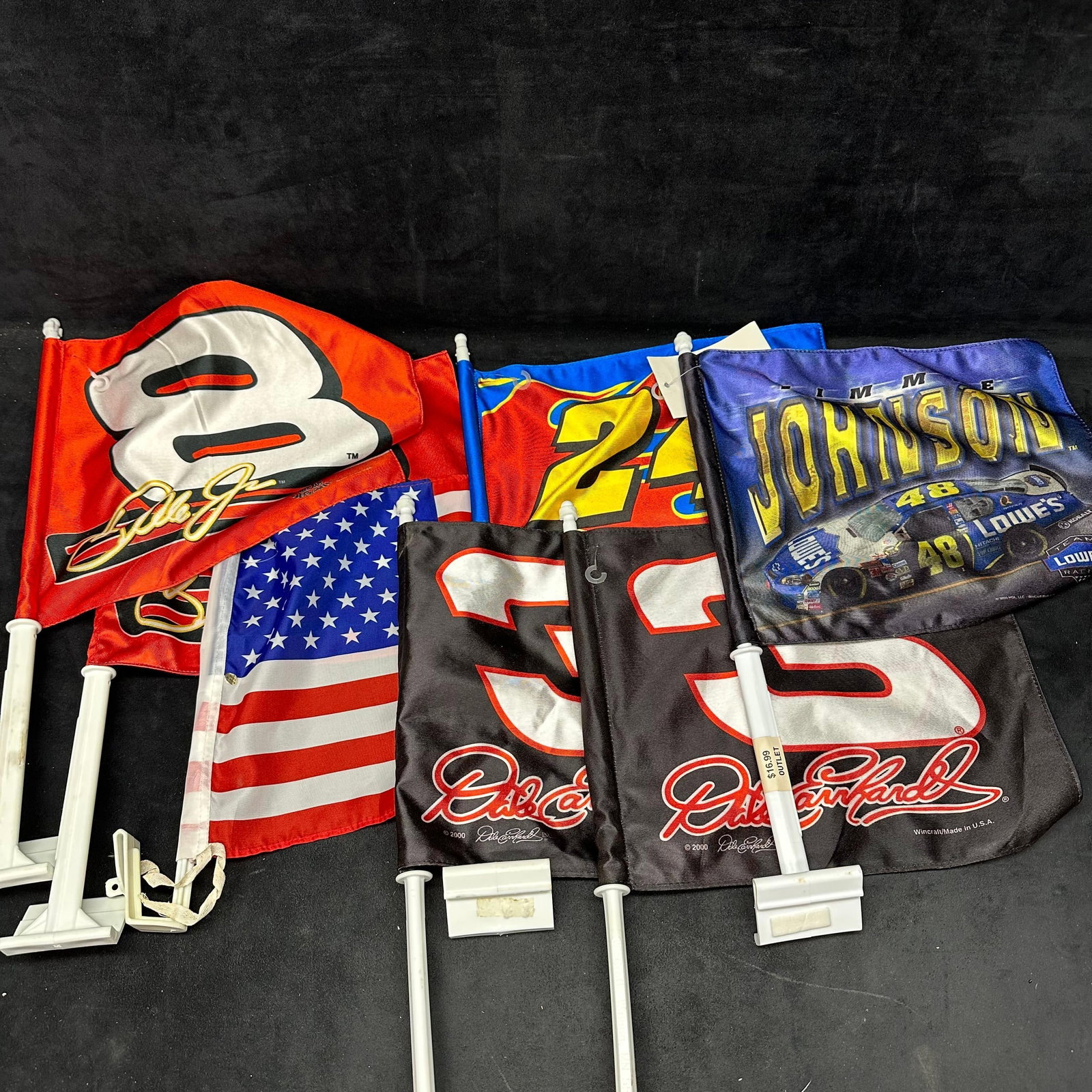 NASCAR Car Flags Dale Earnhardt Dale Jr. jeff Gordon Jimmie Johnson Lot of Seven: Collection of seven vintage NASCAR car flags, including drivers Dale Earnhardt #3, Dale Earnhardt Jr. #8, Jeff Gordon #24, and Jimmie Johnson #48, along with a patriotic American flag. Each item is mo