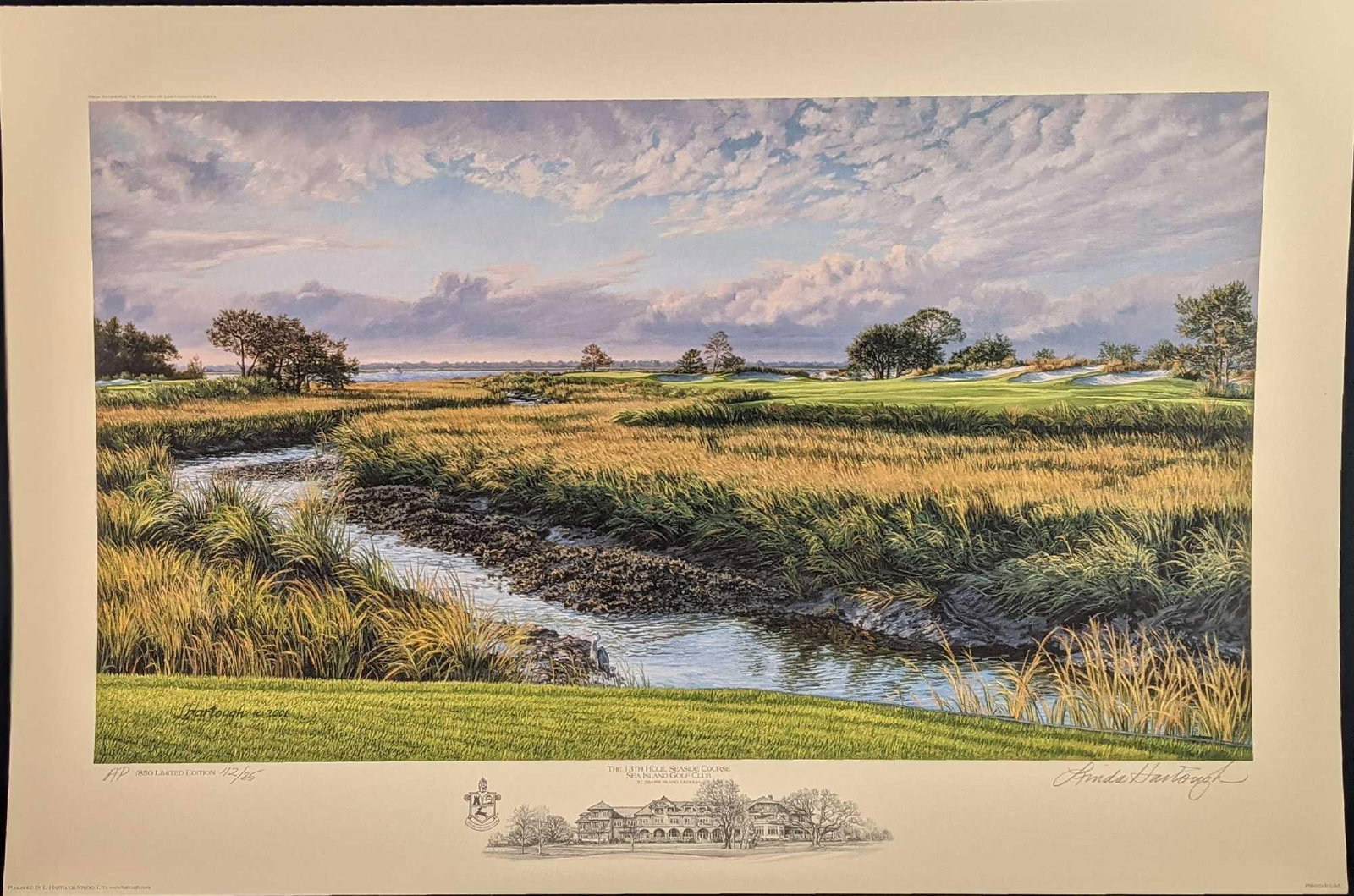 Linda Hartough Artist Proof Litho Golf Sea Island Golf Club: The 13th Hold, Seaside Course, Sea Island Golf Club. St. Simons Island, Georgia" Lithograph Artist Proof By Linda Hartough. The print is Artist Proof #42 out of #85. The print is approx 31" x 