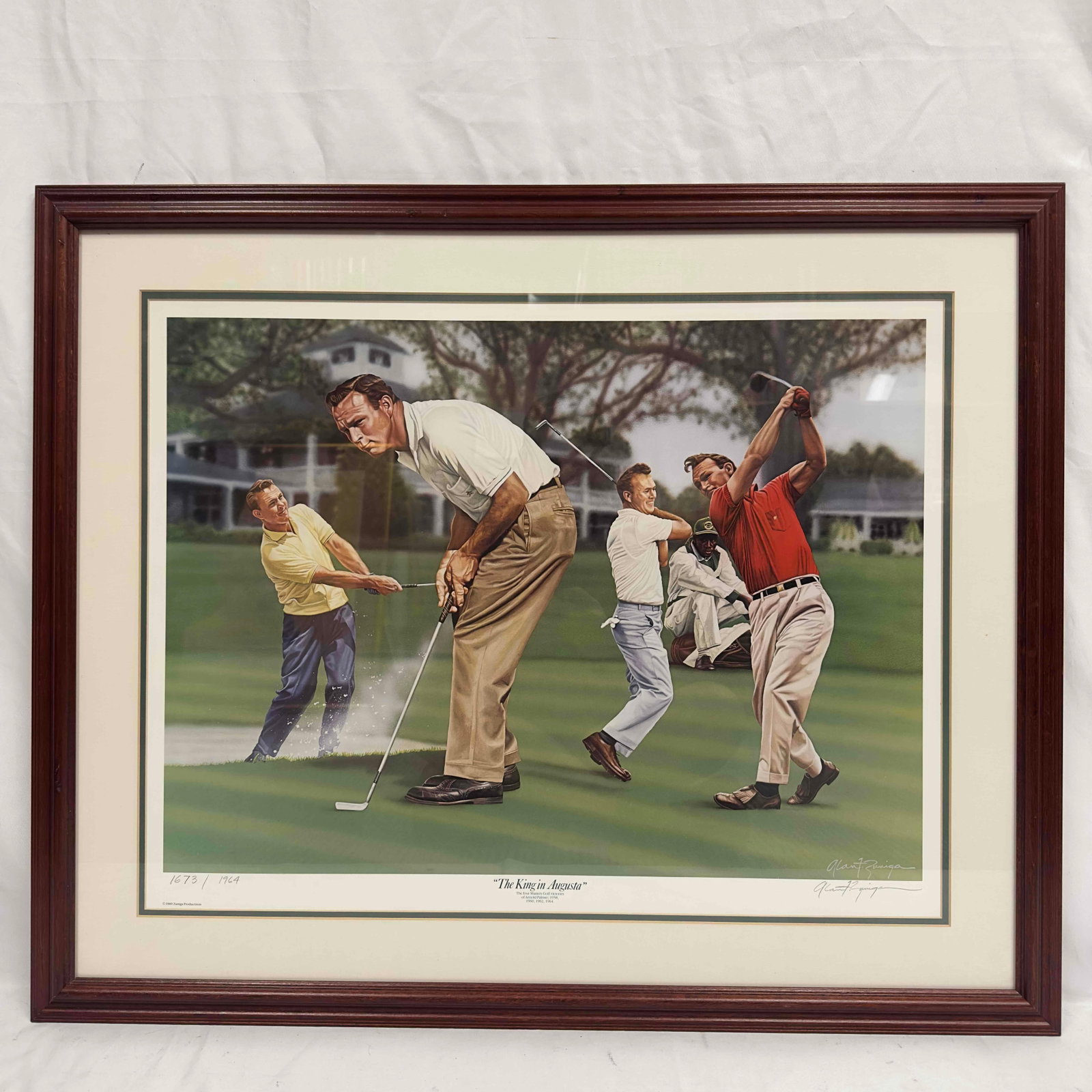 Arnold Palmer Signed The King in Augusta Ltd Ed Zuniga Print 1673/1964 R119: Arnold Palmer Signed The King in Augusta Ltd Ed Zuniga Print 1673/1964 R119. Numbered 1673/1953. Signed on the bottom right corner. Light wear and markings noticed on the frame. This item is in pre-ow