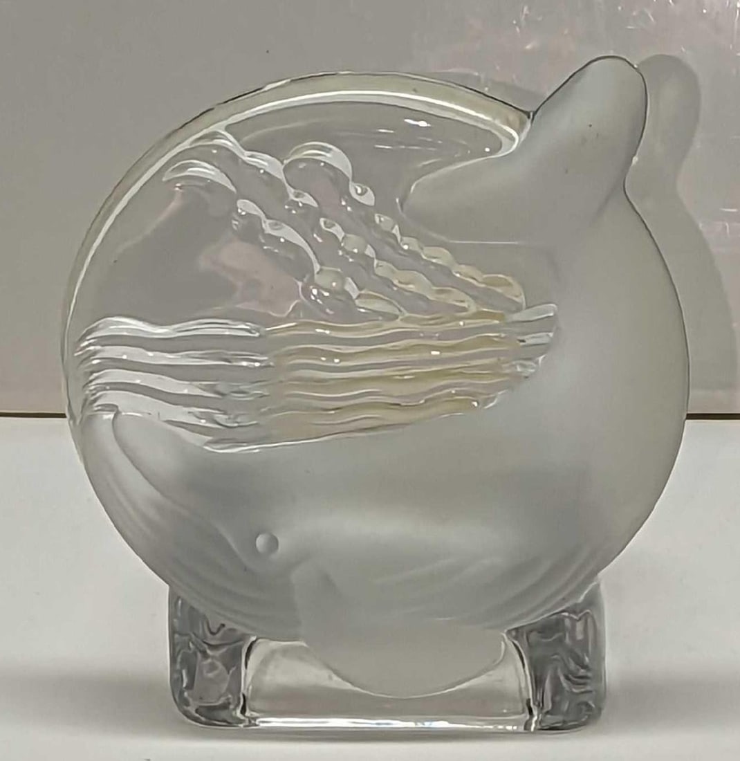 Retired Partylite Glass Whale Tealight Holder: Retired Partylite Glass Whale Tealight Holder. The tealight holder, which also comes with a tea candle is approx 3 1/2" x 3" x 4". It comes with its original box which is approx 3 5/8" x3 3/8" x 4 1/2