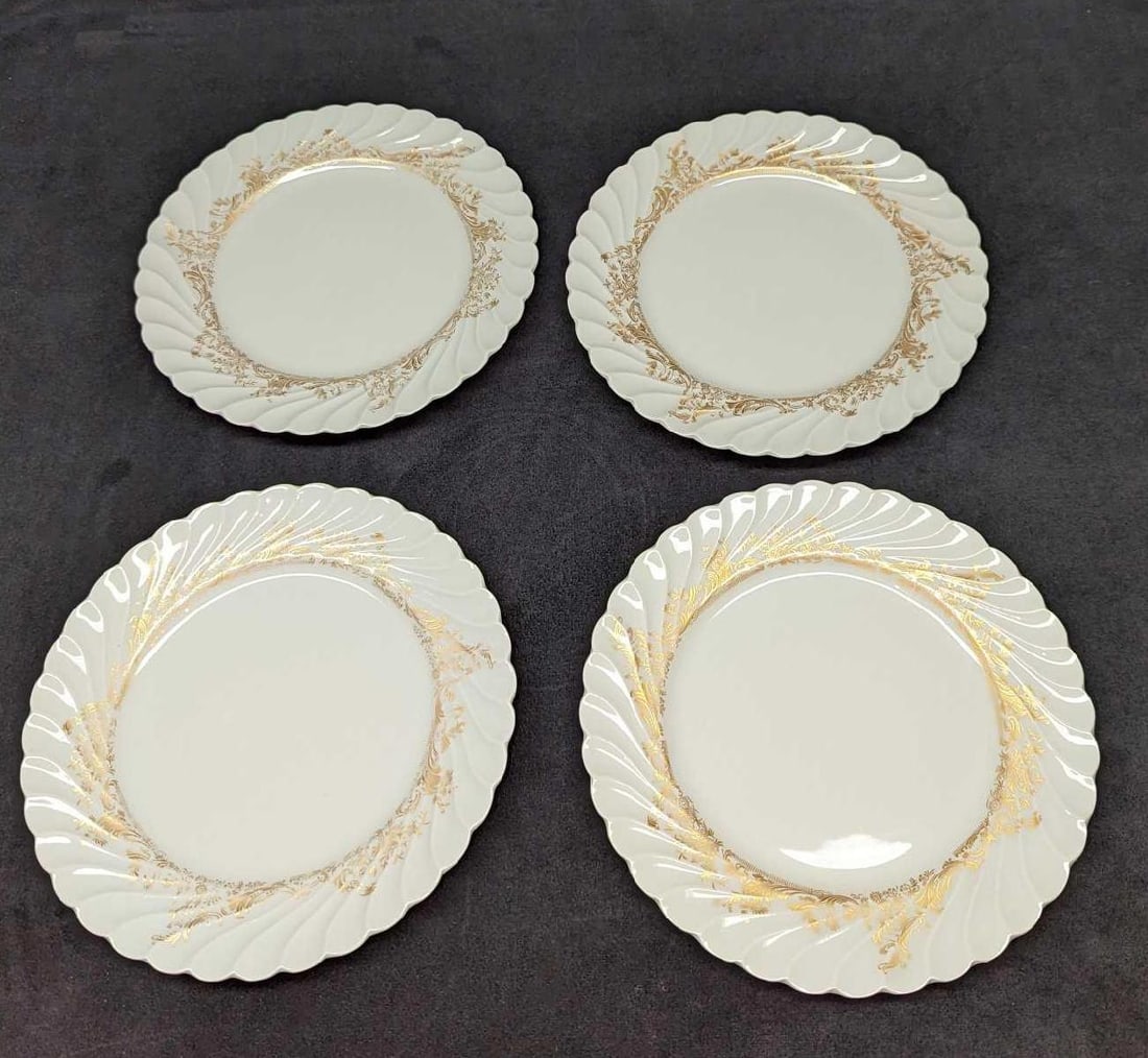 4 Retired Haviland Ladore Salad Plates: 4 Retired Haviland Ladore Salad Plates. This Gold on White series of fine china was released in 1962 - 1988. The salad plates are approx 7 5/8" x 7 5/8" x 3/4" and together they weigh 2.18lbs. The sal