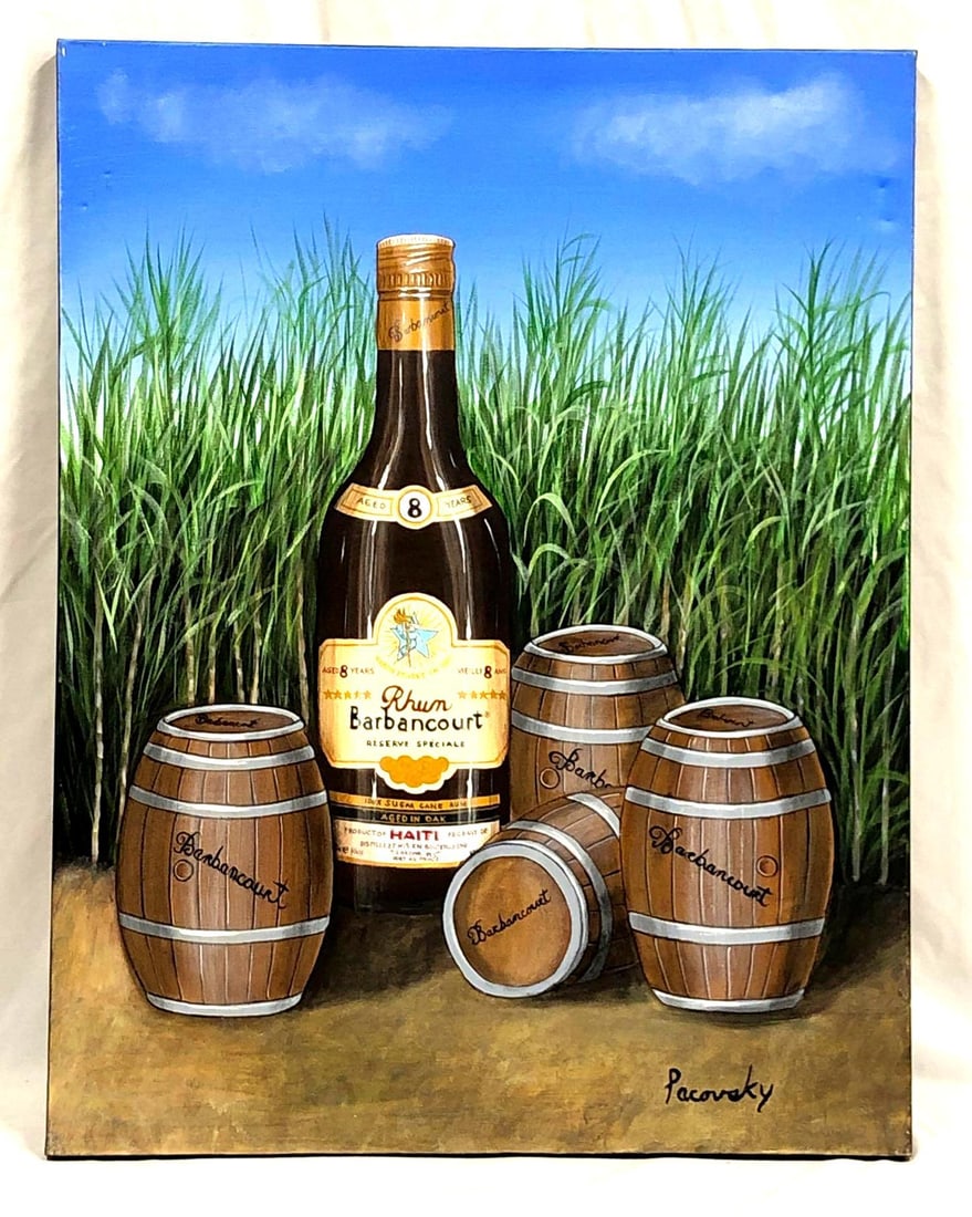 John Pacovsky & Barbancourt Rhum - Commissioned, Signed - Acrylic on Canvas: Barbancourt Rhum Marketing Ad - "Barrels" Painting Commissioned by Liquor Branding Executive. Signed Acrylic on Canvas by Artist John Pacovsky. The item measures approximately 28" x 36"