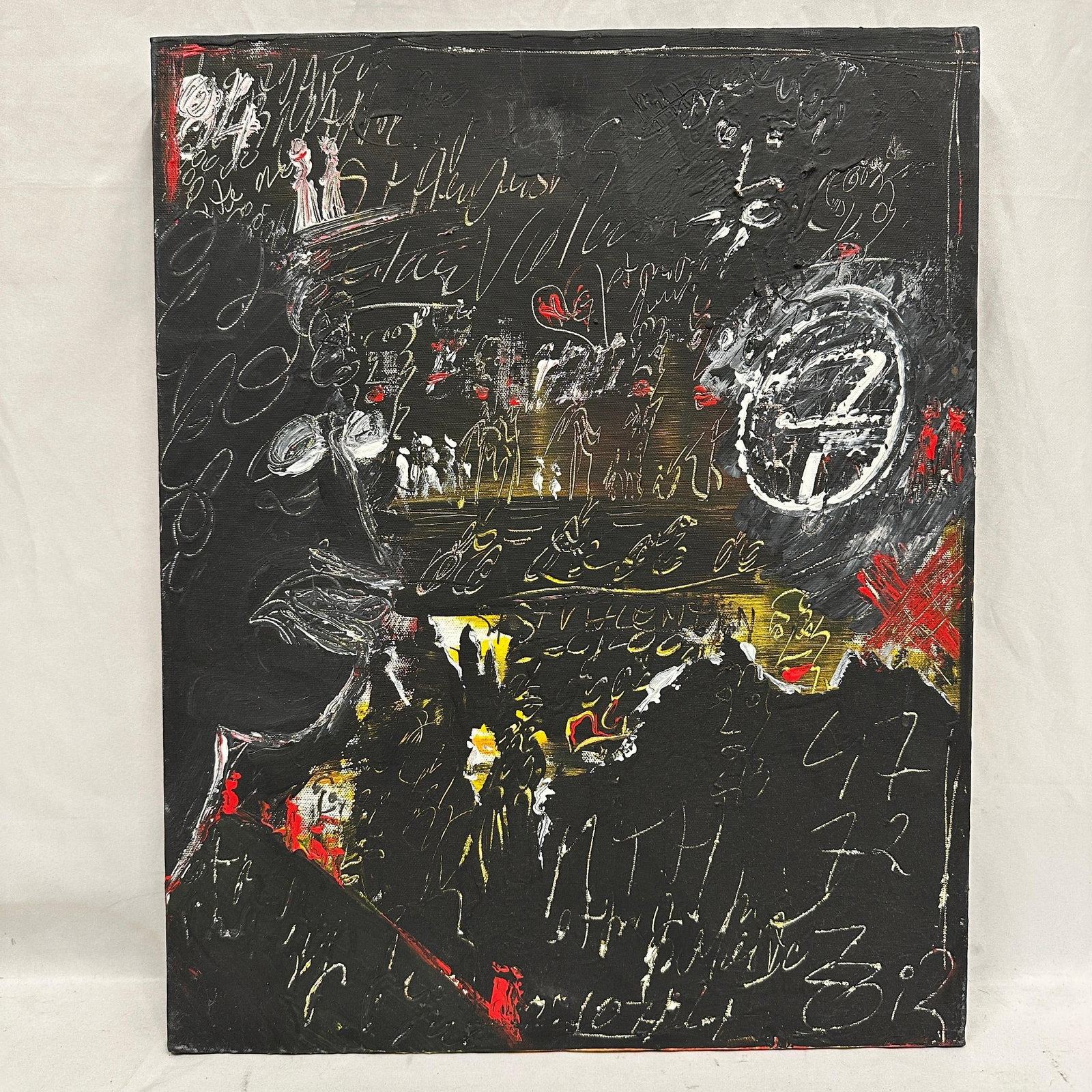 Gilles Rieu Mixed Media Abstract Painting on Canvas Black Background: Mixed media abstract composition on canvas attributed to Gilles Rieu. Expressive black ground with layered white, red, and yellow elements, including gestural figures, symbols, and script-like marking