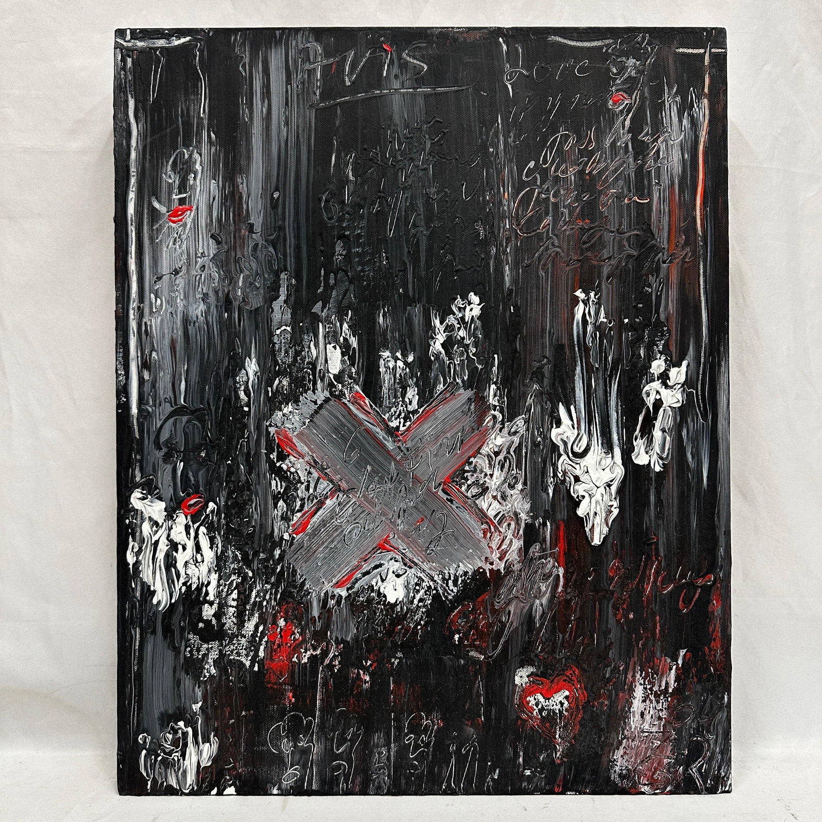 Gilles Rieu Mixed Media Abstract St Valentin in St Augustine Painting on Canvas X Black Red White: Mixed media abstract painting on canvas by Gilles Rieu, titled “St Valentin in St Augustine” as noted on verso. Dark, heavily textured composition featuring layered black, white, and red eleme