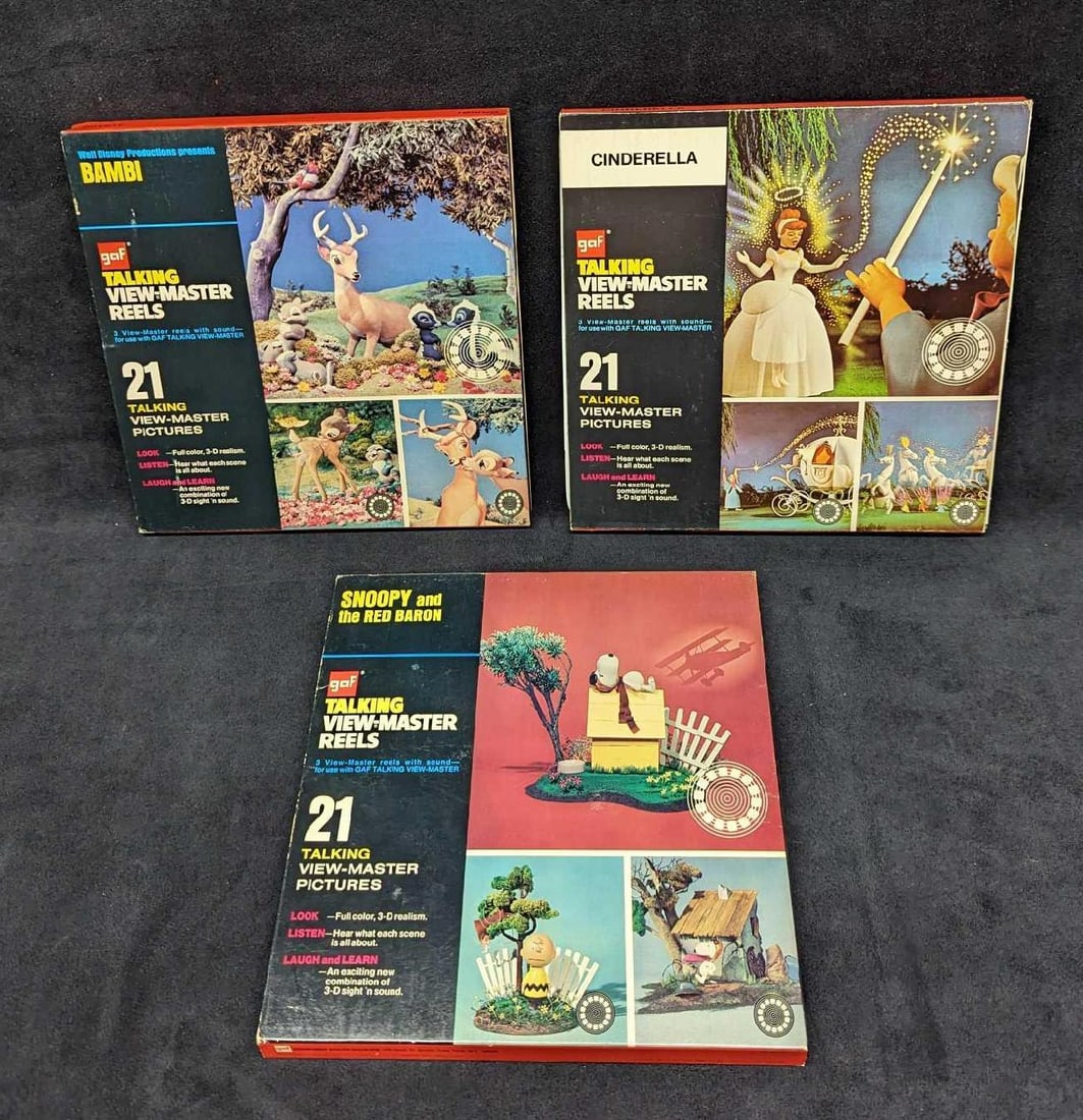 Talking View Master Snoopy Disney Bambi Cinderella Reels: Talking View Master Snoopy Disney Bambi Cinderella Reels. This lot contains: (1) Talking View Master "Snoopy And The Red Baron". (1) Talking View Master "Disney's Bambi".