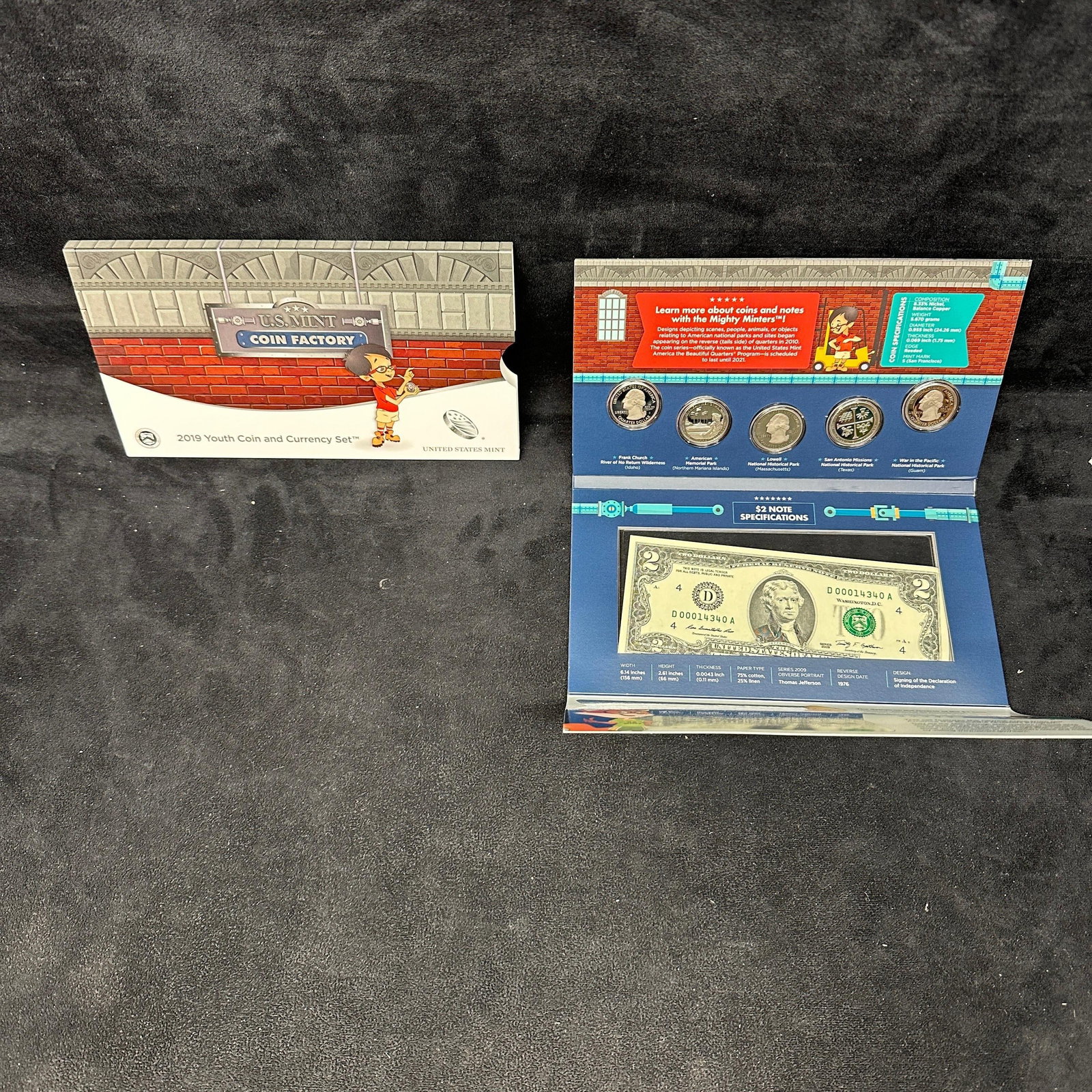 2019 United States Mint Youth Coin And Currency Set With Two Dollar Note: 2019 U.S. Mint Youth Coin and Currency Set in original illustrated folder. Includes five America the Beautiful quarters with San Francisco mint marks and a Series 2009 Two Dollar Federal Reserve Note.
