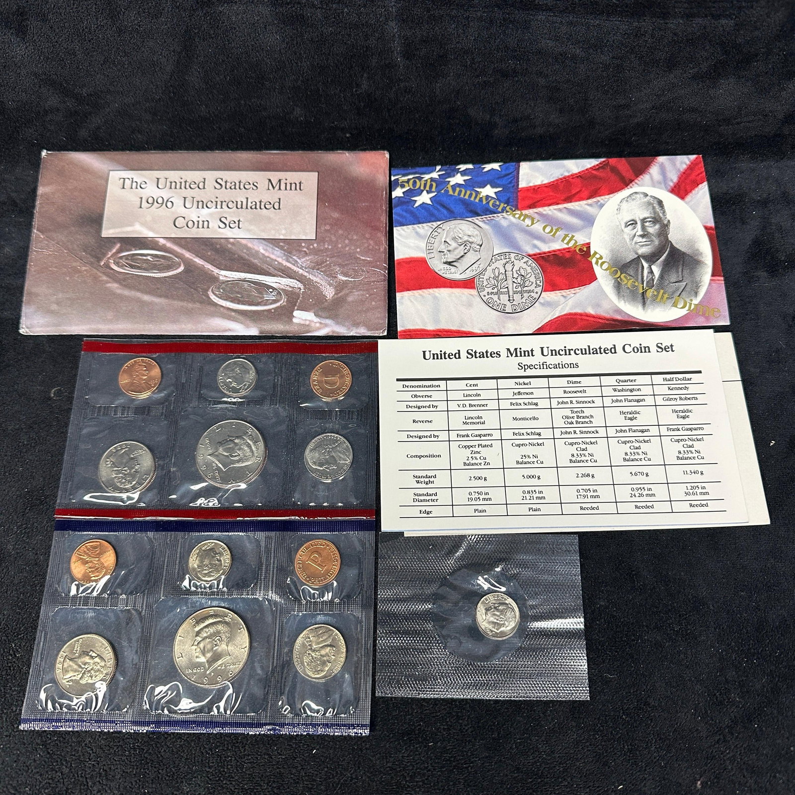 1996 Uncirculated Coin Set US Mint OGP: This official 1996 U.S. Mint 11 coin Uncirculated Set contains Philadelphia and Denver Mint issues of the Kennedy half, Washington quarter, Roosevelt dime, Jefferson nickel & Lincoln cent. Also in