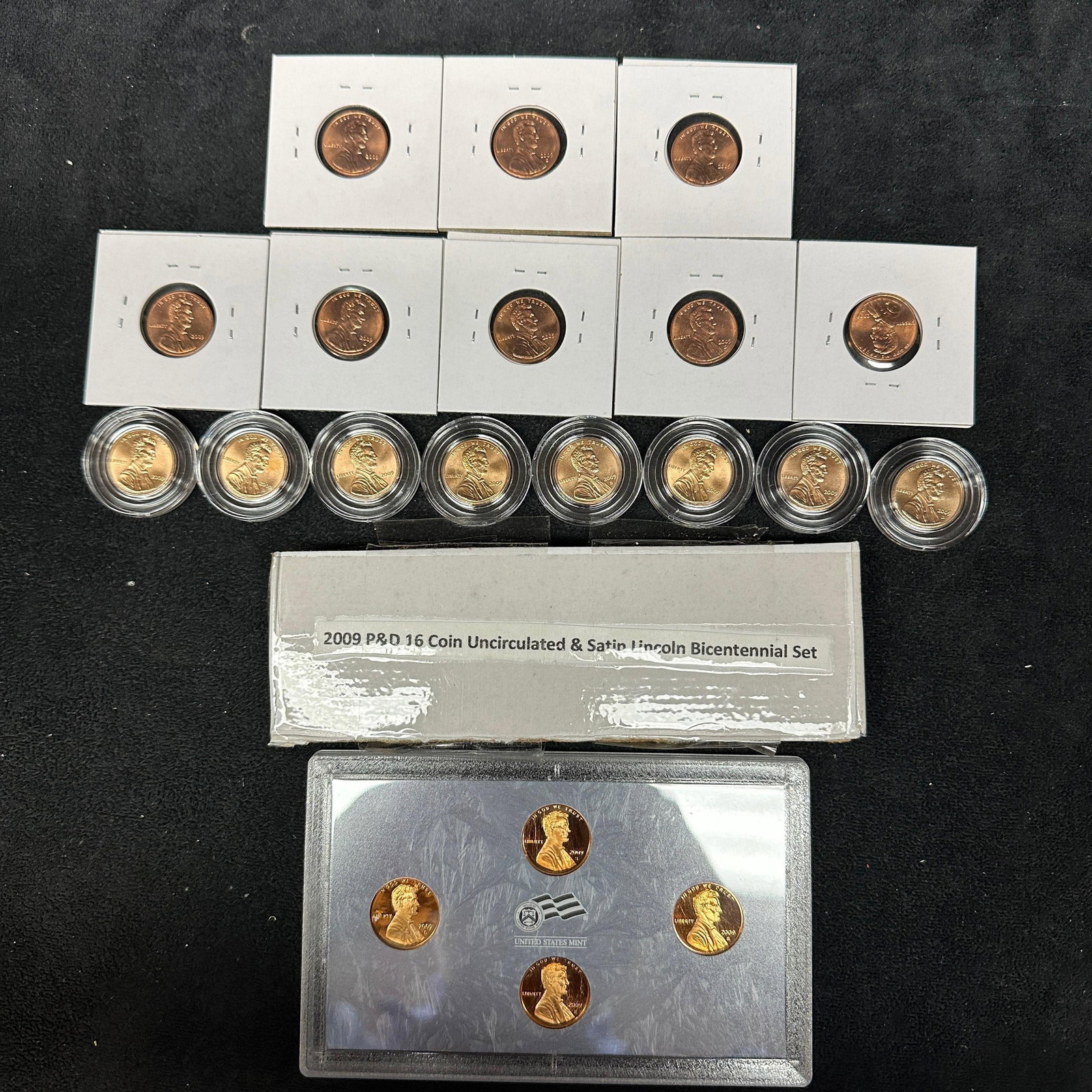 2009 Lincoln Bicentennial Cent Collection P D Satin and Proof Examples 20 Coin Set: Group of 2009 Lincoln Bicentennial cents, including P and D mint issues representing all four reverse designs. The lot includes a 16-coin uncirculated and satin finish set, additional encapsulated exa