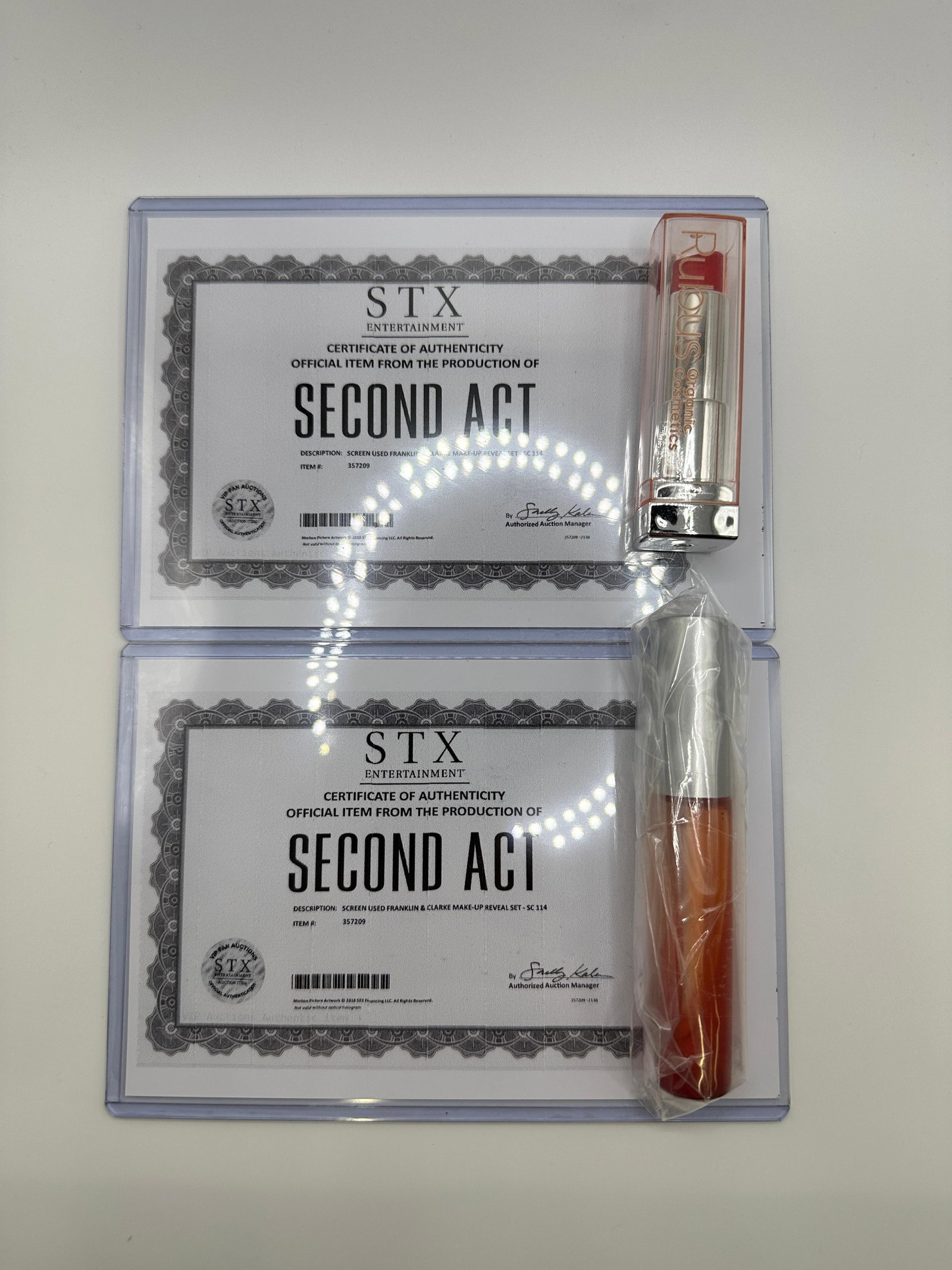 Jenifer Lopez Second Act Movie Prop Makeup Cosmetics: Items are part of a lot of screen/movie used items from the Second Act movie staring Jenifer Lopez. Copies of the original COA included. Two Franklin Clarke makeup cosmetics. Two prop pieces included,