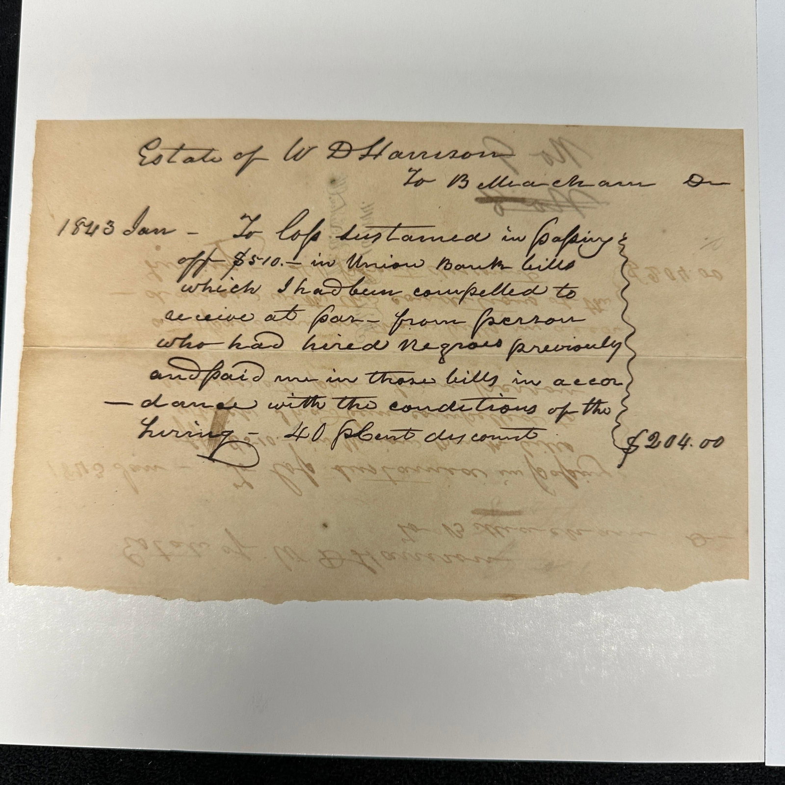 1843 Historical Slave Hiring Document With Todd Mueller COA: Historical handwritten 1843 document referencing the hiring of enslaved persons and associated payment terms, including mention of “Negroes previously” hired and compensation in Union Bank bil