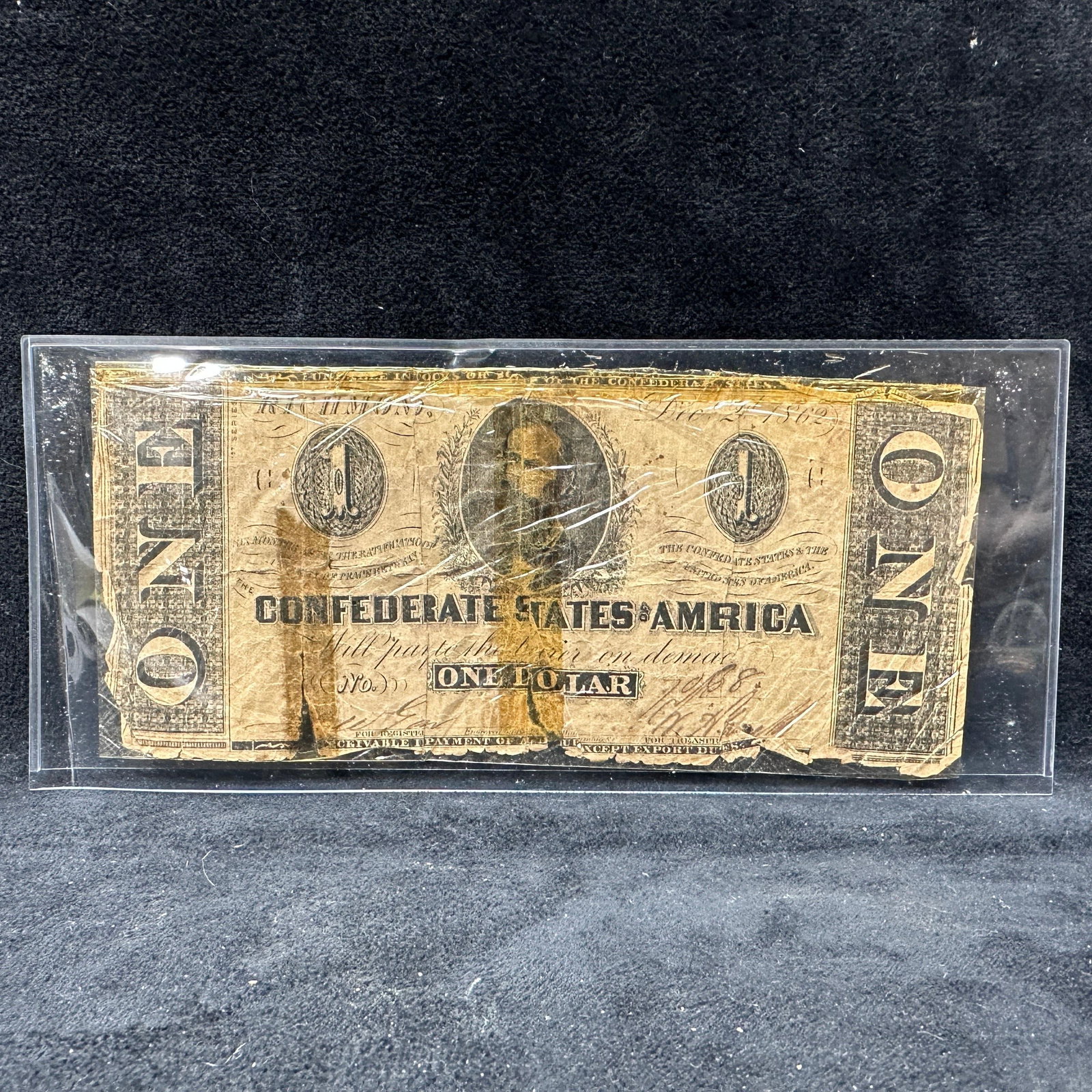 1862 One Dollar Confederate States of America Note Richmond CSA CIVIL WAR: This is a circulated banknote from the US and is a piece of Confederate currency. Take note of condition issues such as old tape repairs, tears, rips, and heavy imperfections noticed on the bill. Incl