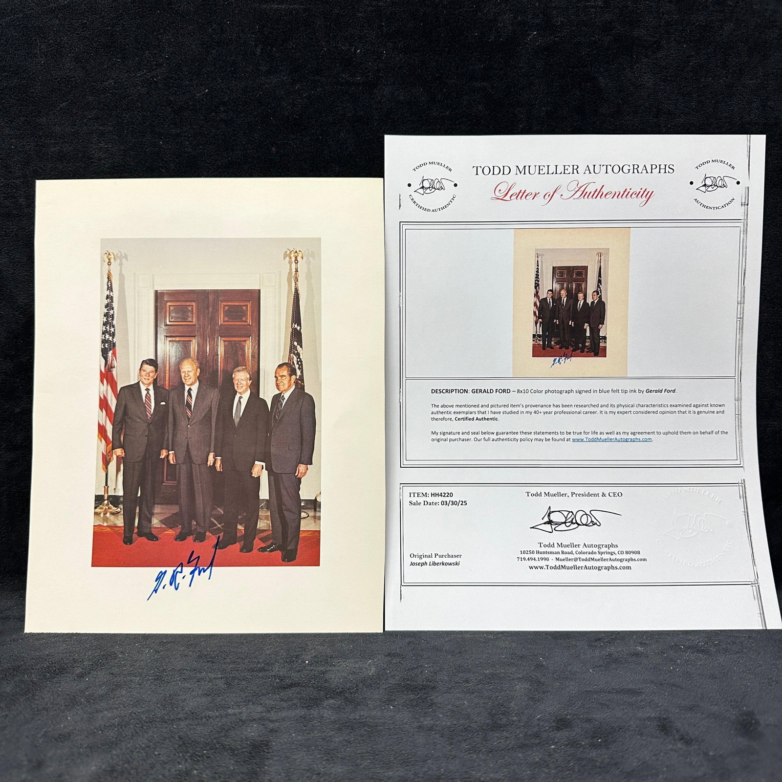 Gerald Ford Signed Photograph With Todd Mueller Autographs COA: Color photograph depicting Presidents Ronald Reagan, Gerald Ford, Jimmy Carter, and Richard Nixon, signed by Gerald Ford in blue felt tip ink. Accompanied by Todd Mueller Autographs Letter of Authenti