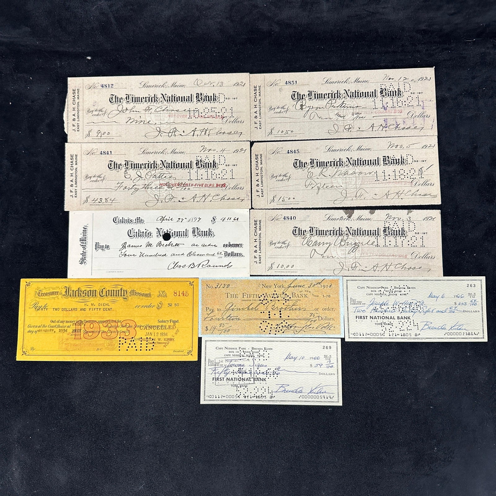 Group of Ten Historic Signed Bank Checks: Group of 10 assorted historic bank and treasury checks dating from 1897 through 1966. Includes an 1897 signed check by Charles B. Rounds, Civil War veteran and noted attorney and judge from Calais, Ma