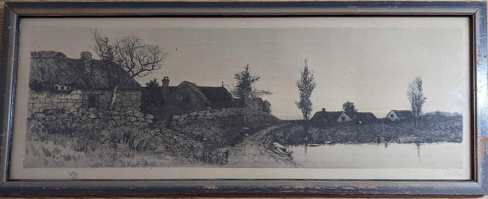 Framed Antique Signed J. Haller Engraving Print: Framed Antique Signed J. Haller Engraving Print. The print is signed by the artist on the bottom right. The framed print is 23 3/8" x 1/4" x 9 1/4" and it weighs 2lbs. The framed print has some chips,