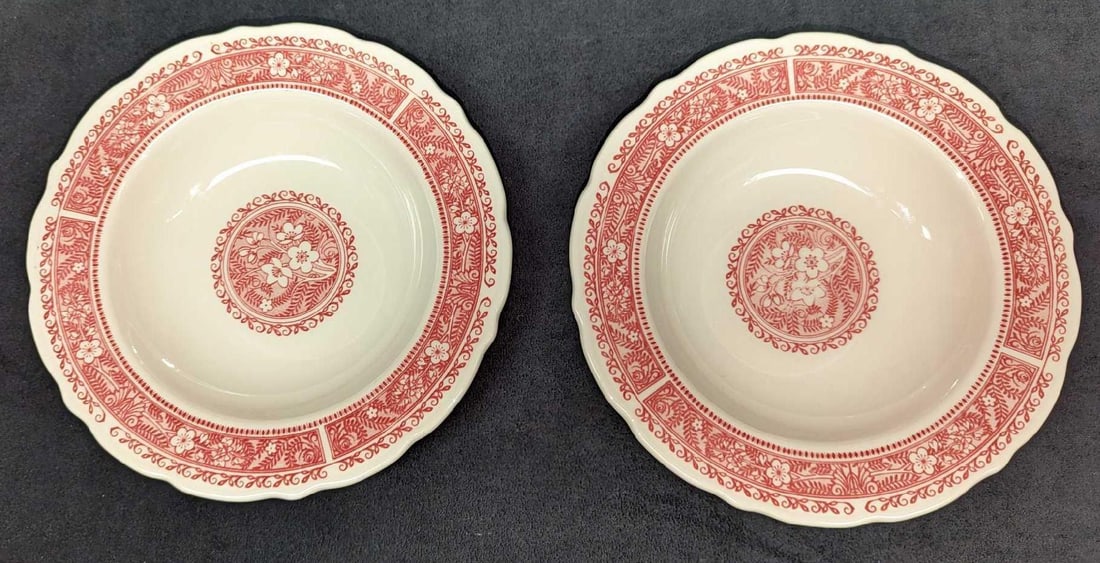 2 Syracuse Strawberry Hill Pink Large Rim Soup Bowl A: 2 Syracuse Strawberry Hill Pink Large Rim Soup Bowl A. Each retired fine china bowl is approx 9 1/4" x 1 3/4" x 9 1/4" and the total weight is 2.70 lbs. There are some markings on the bottom due to ag