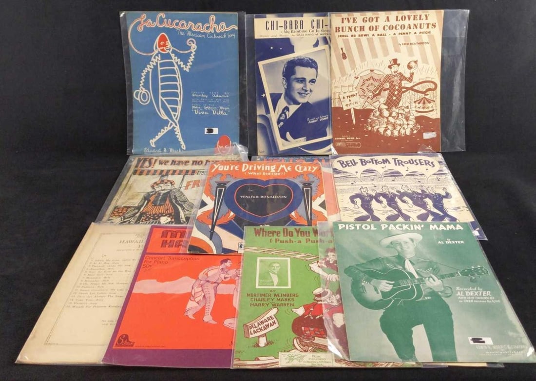12 Vintage Classic Fun Sheet Music: This is quirky, funny, and happy music you've heard before, all on sheet music. This lot includes: (1) Mexican Hat Dance (Jarabe Tapatio) for Piano. Arranged by John W. Schaum. Published by Schaum