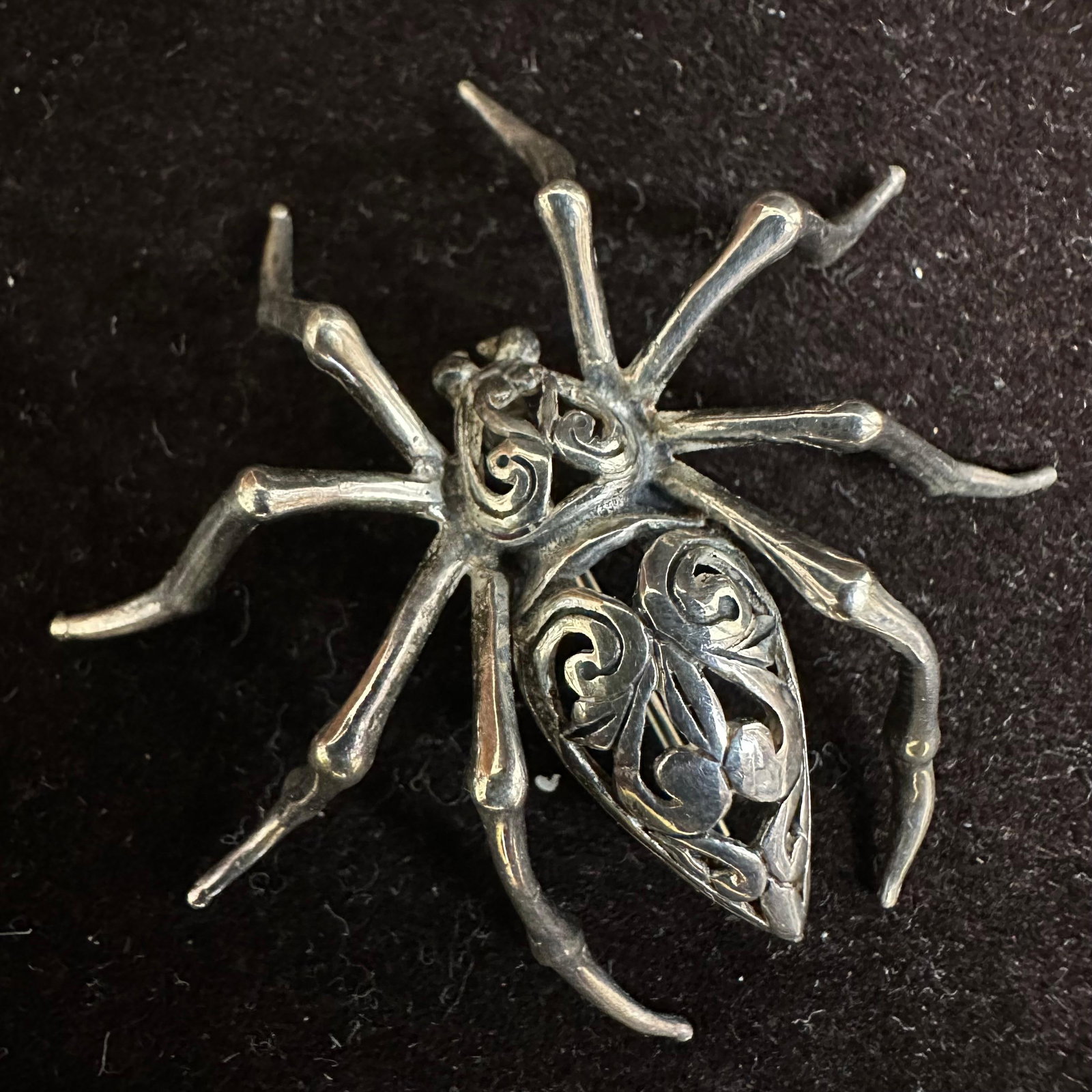 Art Nouveau Style Spider Jezlaine Jez Sterling Silver Brooch: This item is in good pre-owned, previously used/displayed condition with noticeable light wear and surface scratches. Please reference all photos for full details. This piece of jewelry has been teste