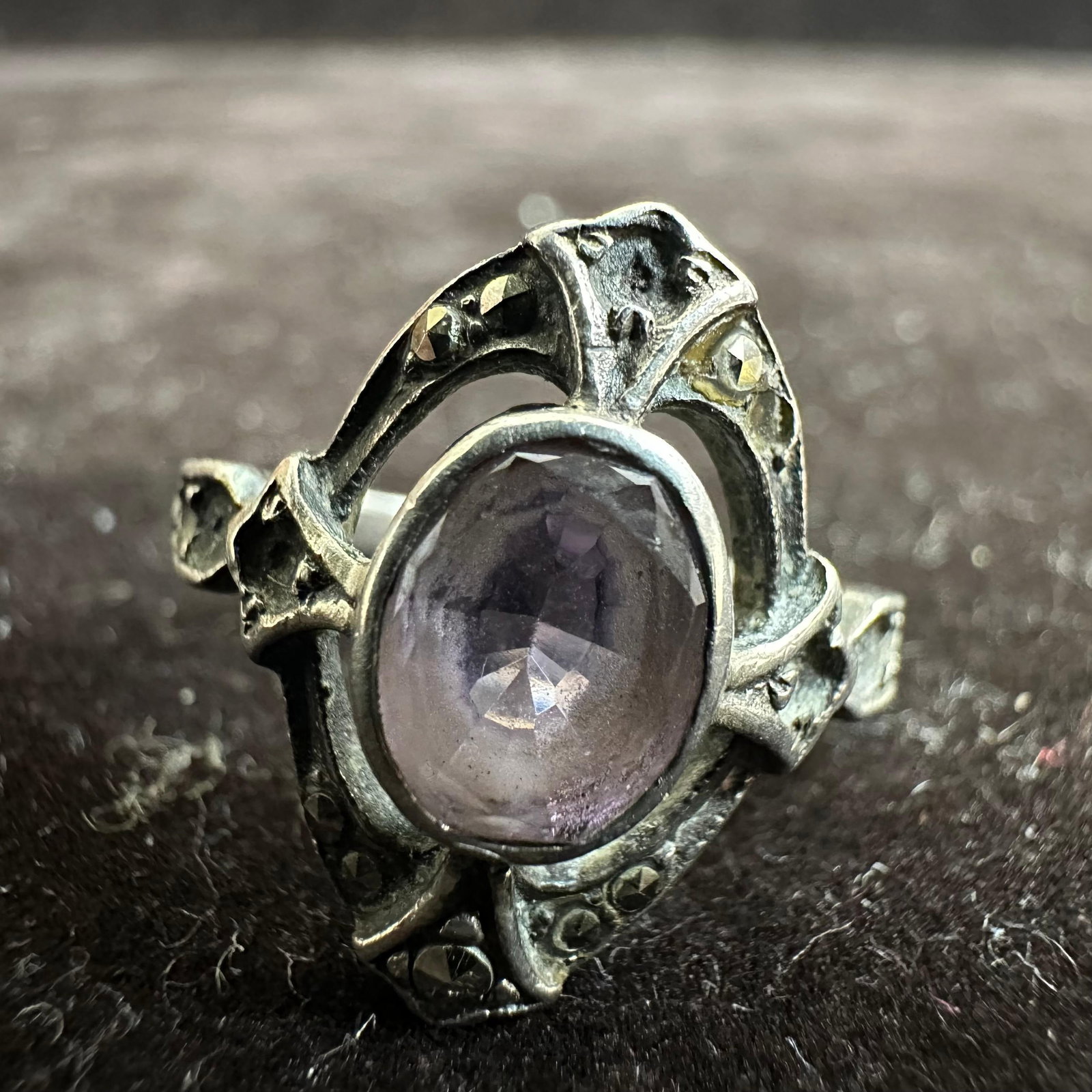 Art Nouveau Style Marcasite and Amethyst Stone Accent Silver Ring: This item is in good pre-owned, previously used/displayed condition with noticeable light wear and surface scratches. Please reference all photos for full details. This piece of jewelry has been teste