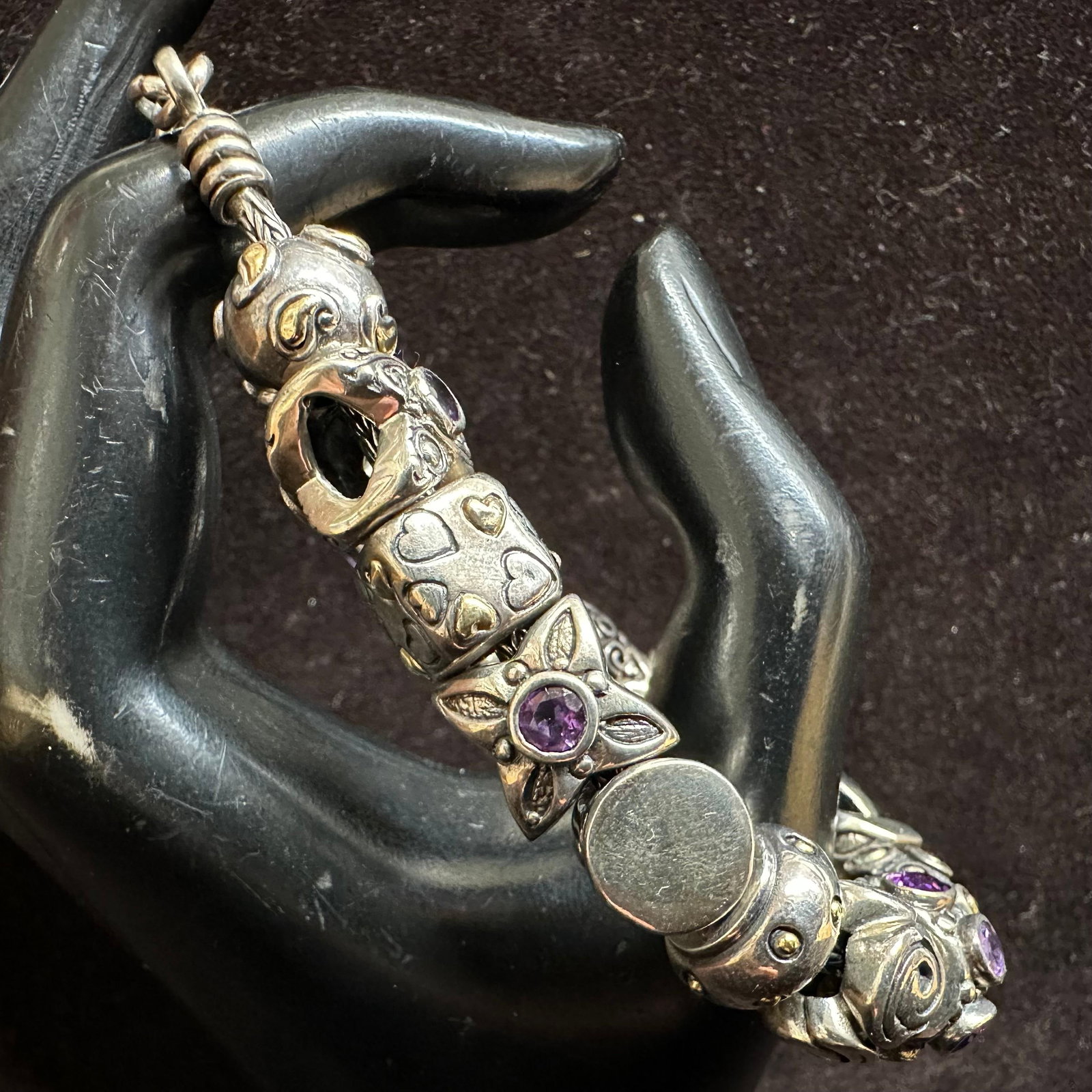 Samuel B Behnam Sterling Silver and 18K Gold Amethyst Bead Bracelet BJC: This item is in good pre-owned, previously used/displayed condition with noticeable light wear and surface scratches. Please reference all photos for full details. This piece of jewelry has been teste