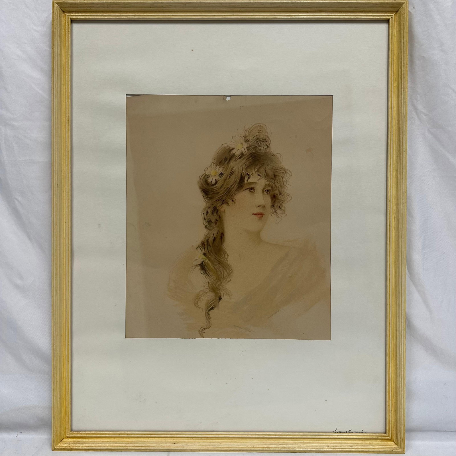 Antique Chromolithograph Portrait of a Young Woman Yellow Frame: Vintage chromolithograph portrait of a young woman with long, wavy hair adorned with flowers. Soft pastel tones and delicate detailing are typical of early 20th-century decorative prints. Presented