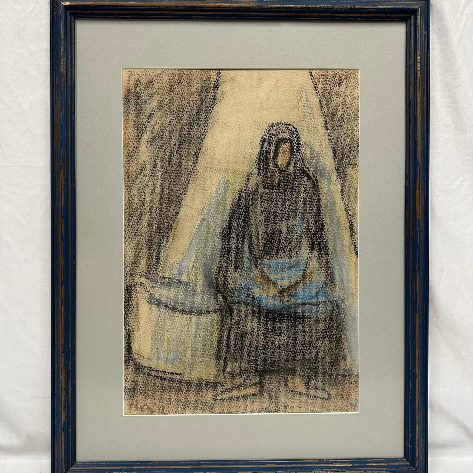 Pastel Drawing of Seated Figure Artist Unknown Framed Artwork: Pastel drawing depicting a robed, seated figure in a simplified, muted palette of beige, brown, gray, and blue. A possible Artist signature appears lower left but is not fully legible. Artwork appears