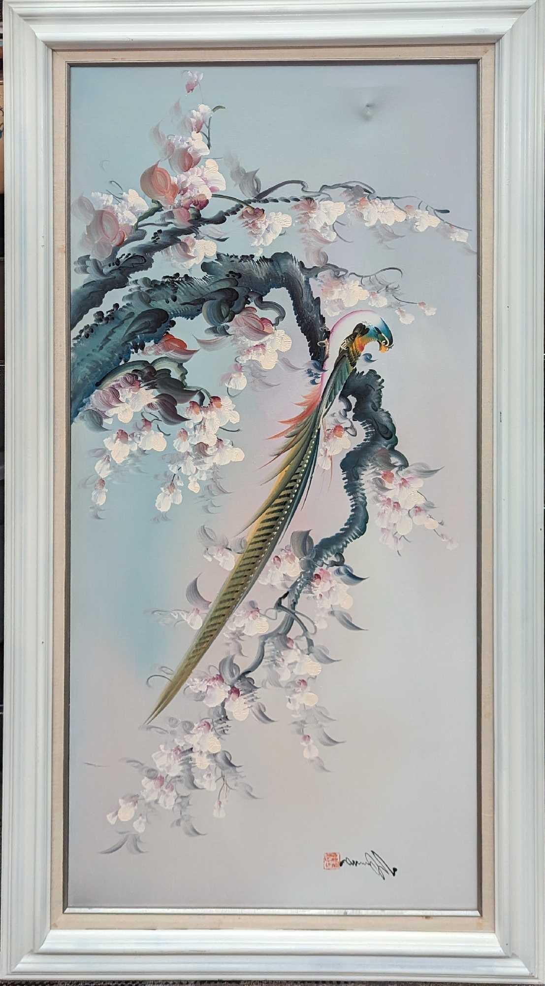 Framed Original Oil On Canvas Peacock: Framed Original Oil On Canvas Peacock. This framed original was signed on the bottom right by the artist We could not make out the artist's name. The framed original is approx 31 1/4" x 2 1/2" x 56" a