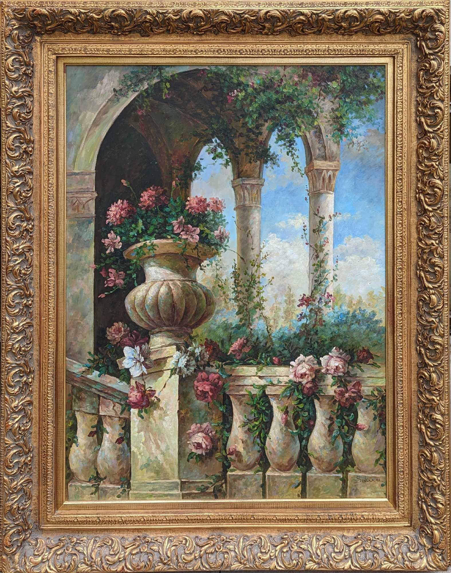 Original Framed Sinclaire Oil On Canvas: Original Framed Sinclaire Oil On Canvas. This framed canvas is approx 49" x 4" x 61 3/4" and it weighs 32lbs. The canvas itself is approx 36" x 49". The framed canvas is in a good, used condition with