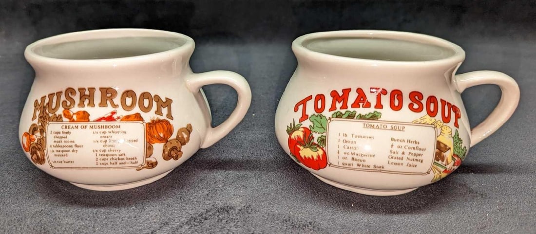 Vintage Tomato & Mushroom Stoneware Soup Bowls: Vintage Tomato & Mushroom Stoneware Soup Bowls. Each bowl is approx 6" x 4 1/2" x 3 3/8" and the total weight is 1.82lb. Made by Midwestern Home Products. There is some color loss on the bowls an