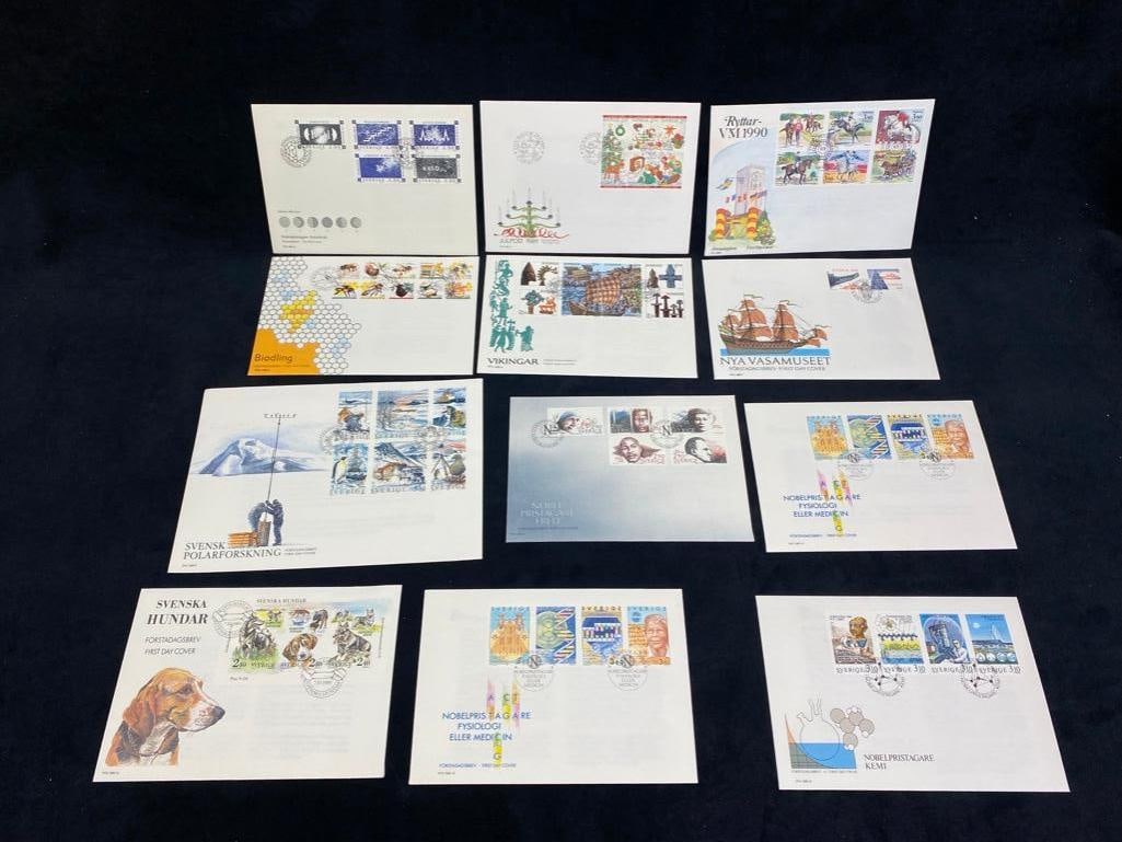 Lot of Swedish First Day Covers, 1980s: Lot of Swedish First Day Covers, 1980s Set of 12 Swedish Post covers, from 1986 to 1990. The themes include nature, scientific achievement, Nobel Laureates, and polar exploration. Approximate size: Ap