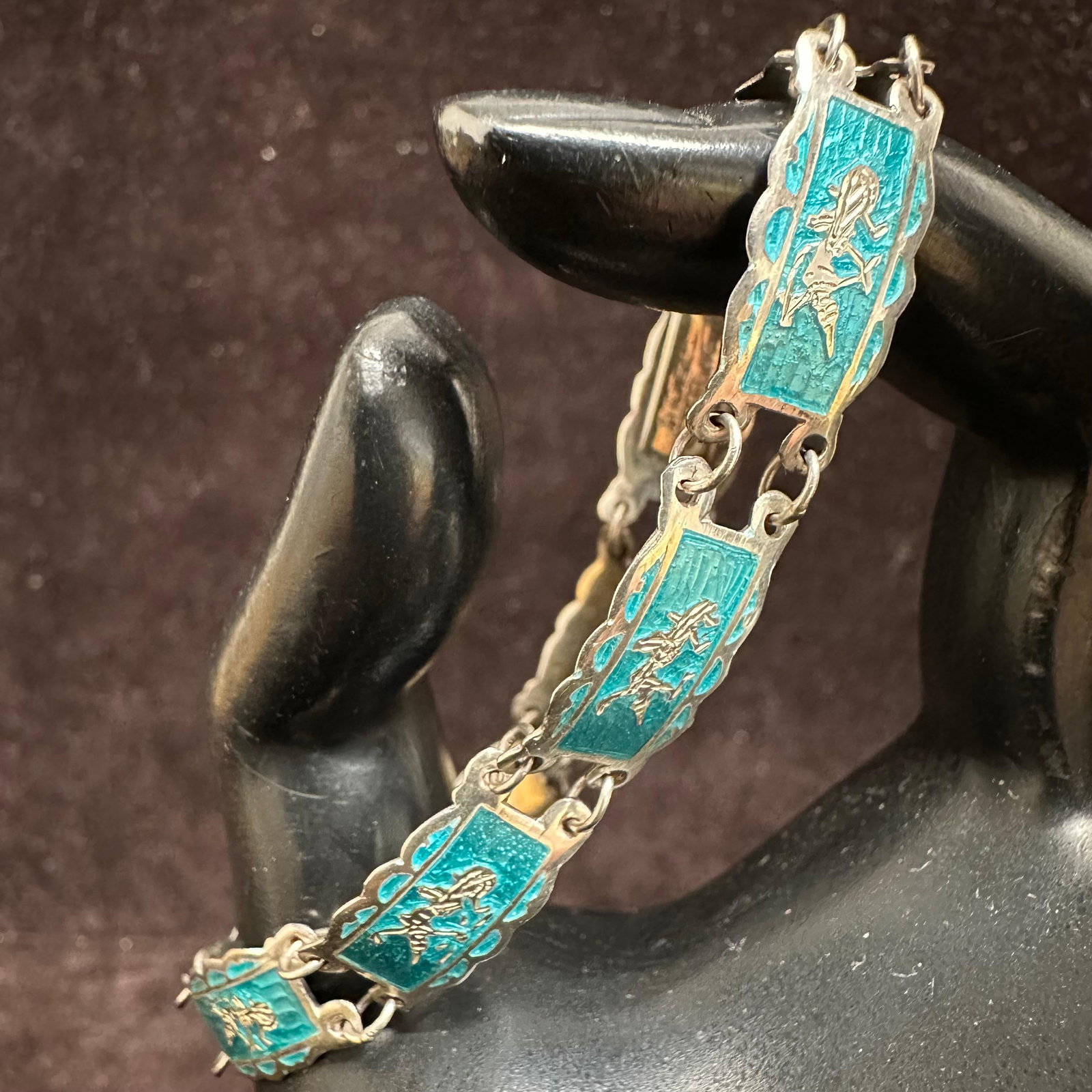 Siam Sterling Niello Enamel Panel Turquoise Color 925 Silver Bracelet N21: This item is in good pre-owned, previously used/displayed condition with noticeable light wear and surface scratches. Please reference all photos for full details. This piece of jewelry has been